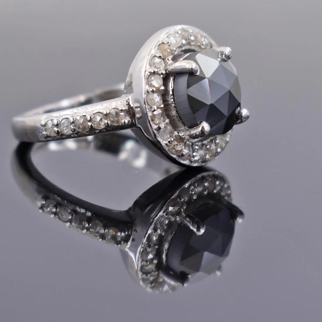 Certified 2.55 Ct Rose Cut Black Diamond Solitaire Cocktail Ring with Diamond Accents, Amazing Shine & Great Look