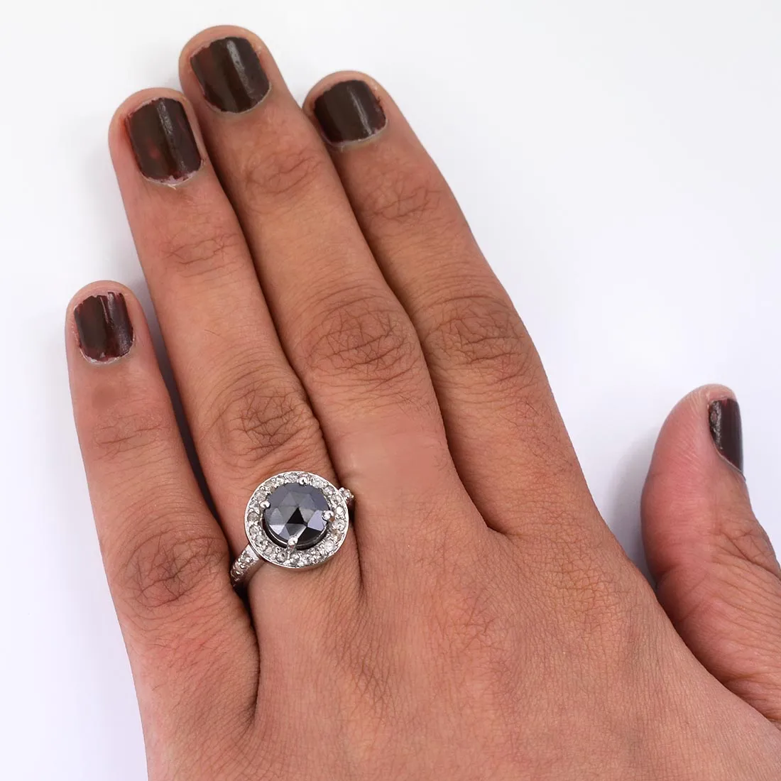 Certified 2.55 Ct Rose Cut Black Diamond Solitaire Cocktail Ring with Diamond Accents, Amazing Shine & Great Look