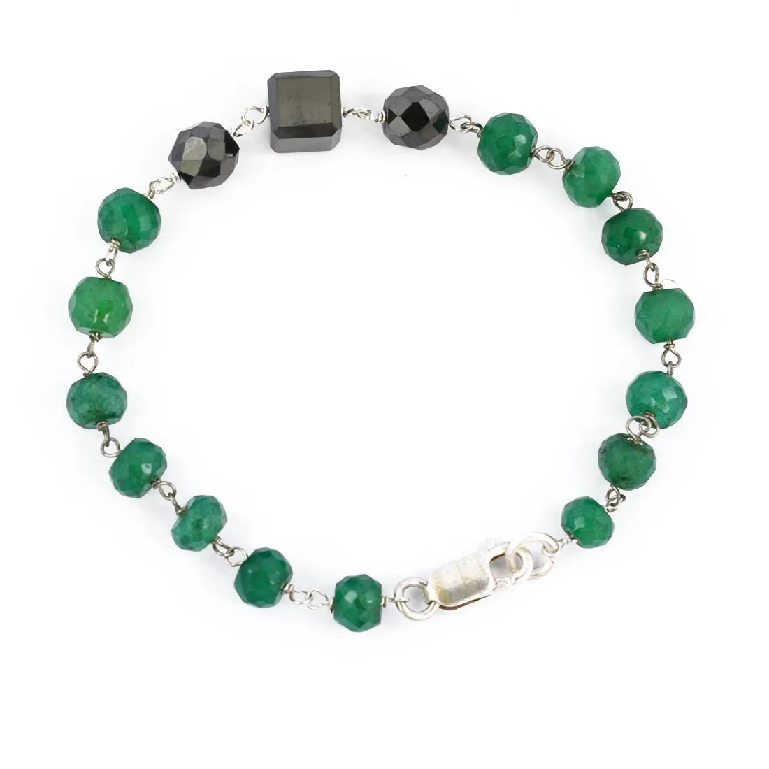 Certified 34 Cts Black Diamond With Emerald Beads Silver Chain Bracelet. Great Style & Luster