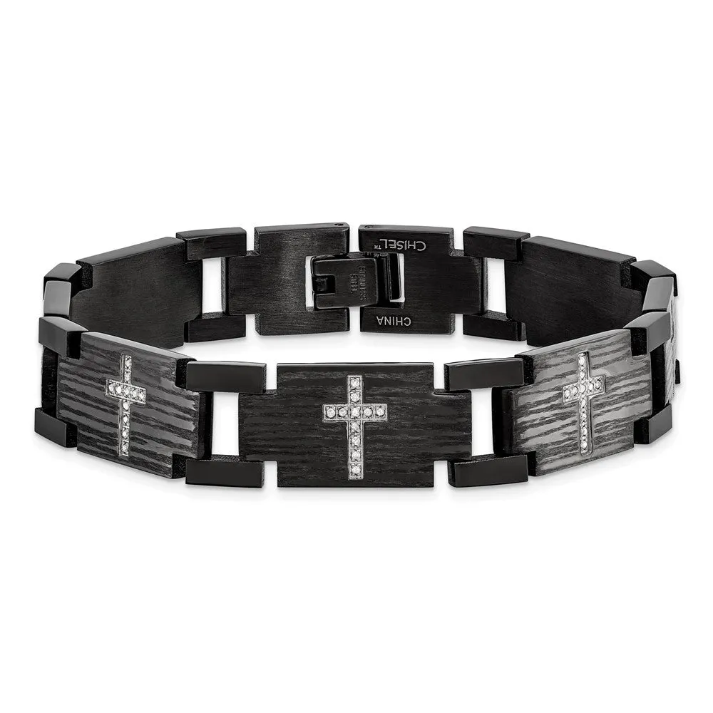 Chisel Stainless Steel Polished and Matte Black IP-plated with 1/4 carat Diamond 8.25 inch Bracelet