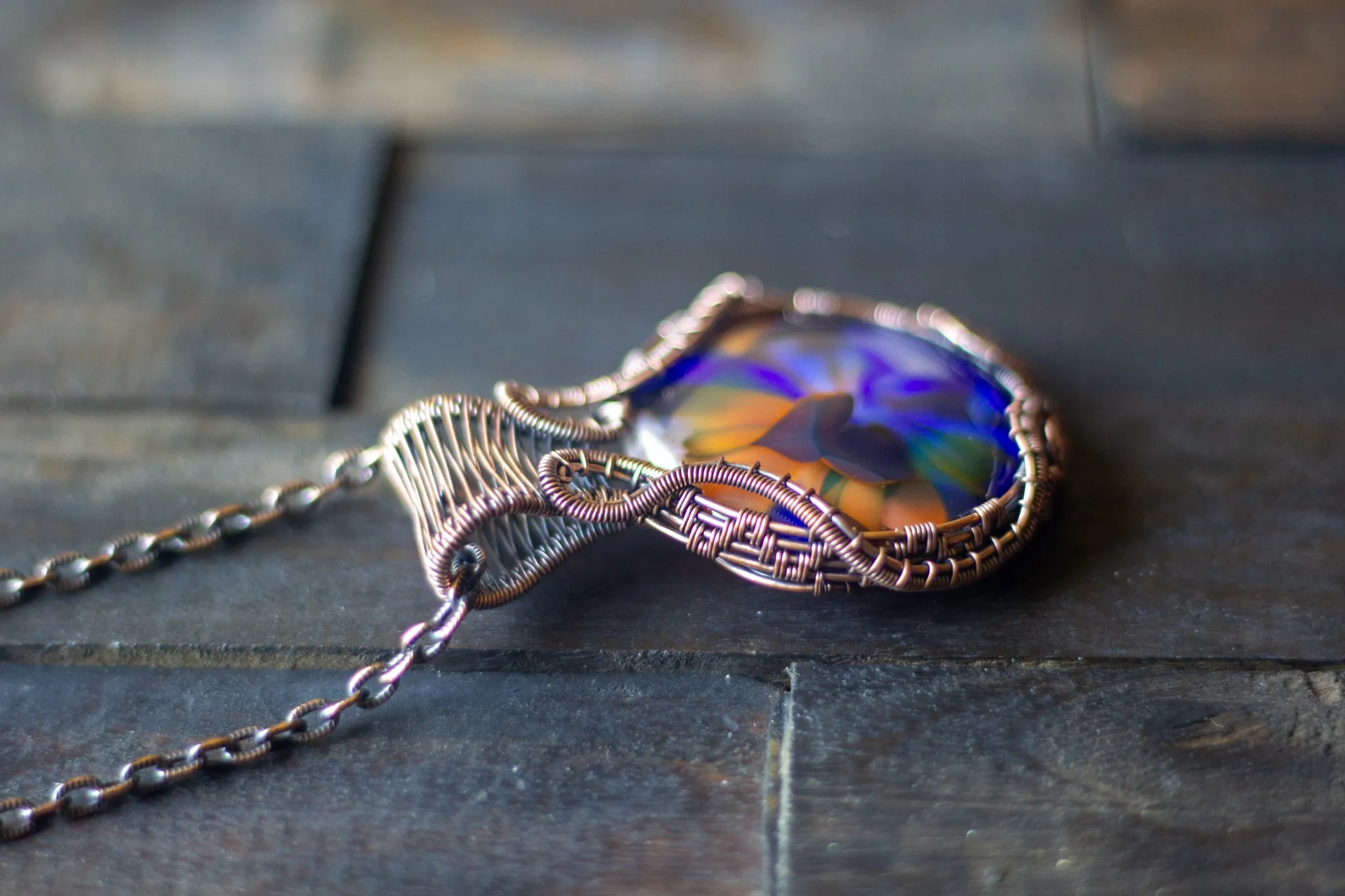 Copper Wire Wrapped Pendant with Blue and Orange Fused Glass