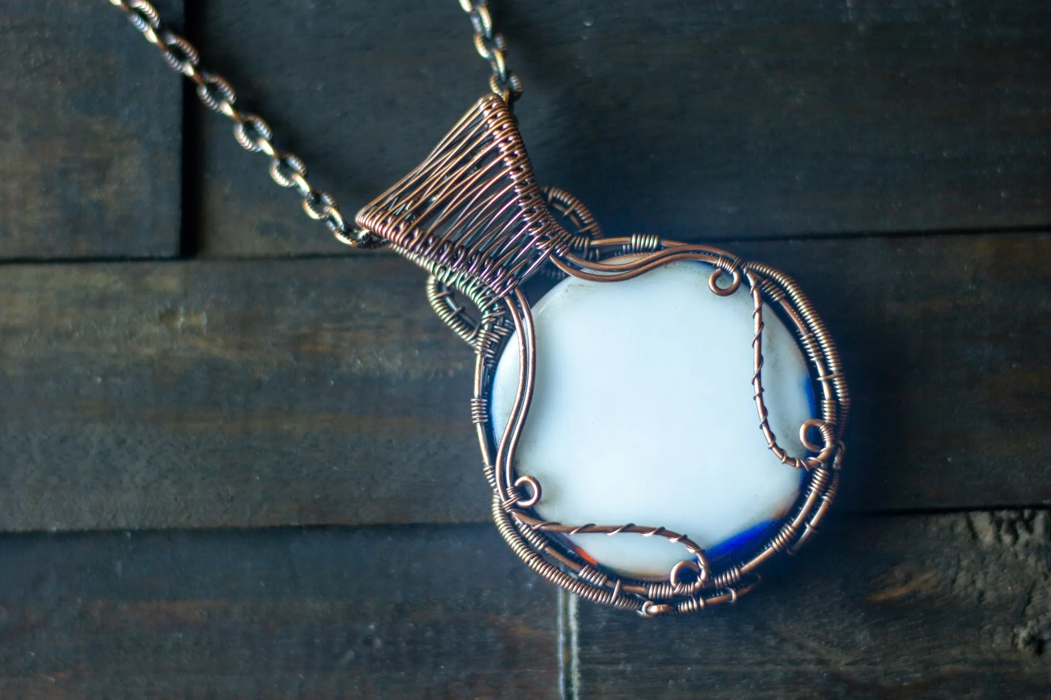 Copper Wire Wrapped Pendant with Blue and Orange Fused Glass