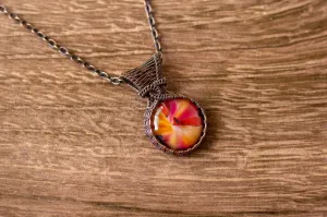 Copper Wire Wrapped Pendant with Swirled Red and Orange Glass