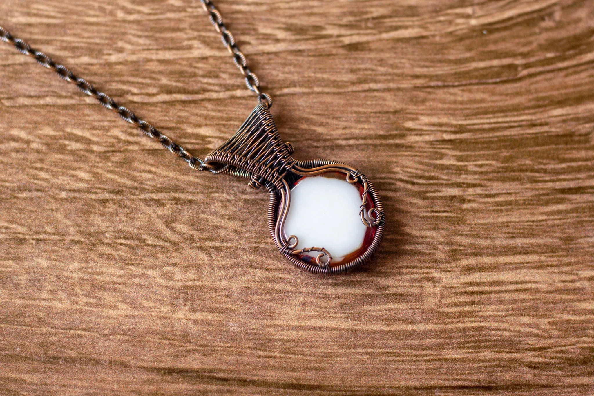Copper Wire Wrapped Pendant with Swirled Red and Orange Glass