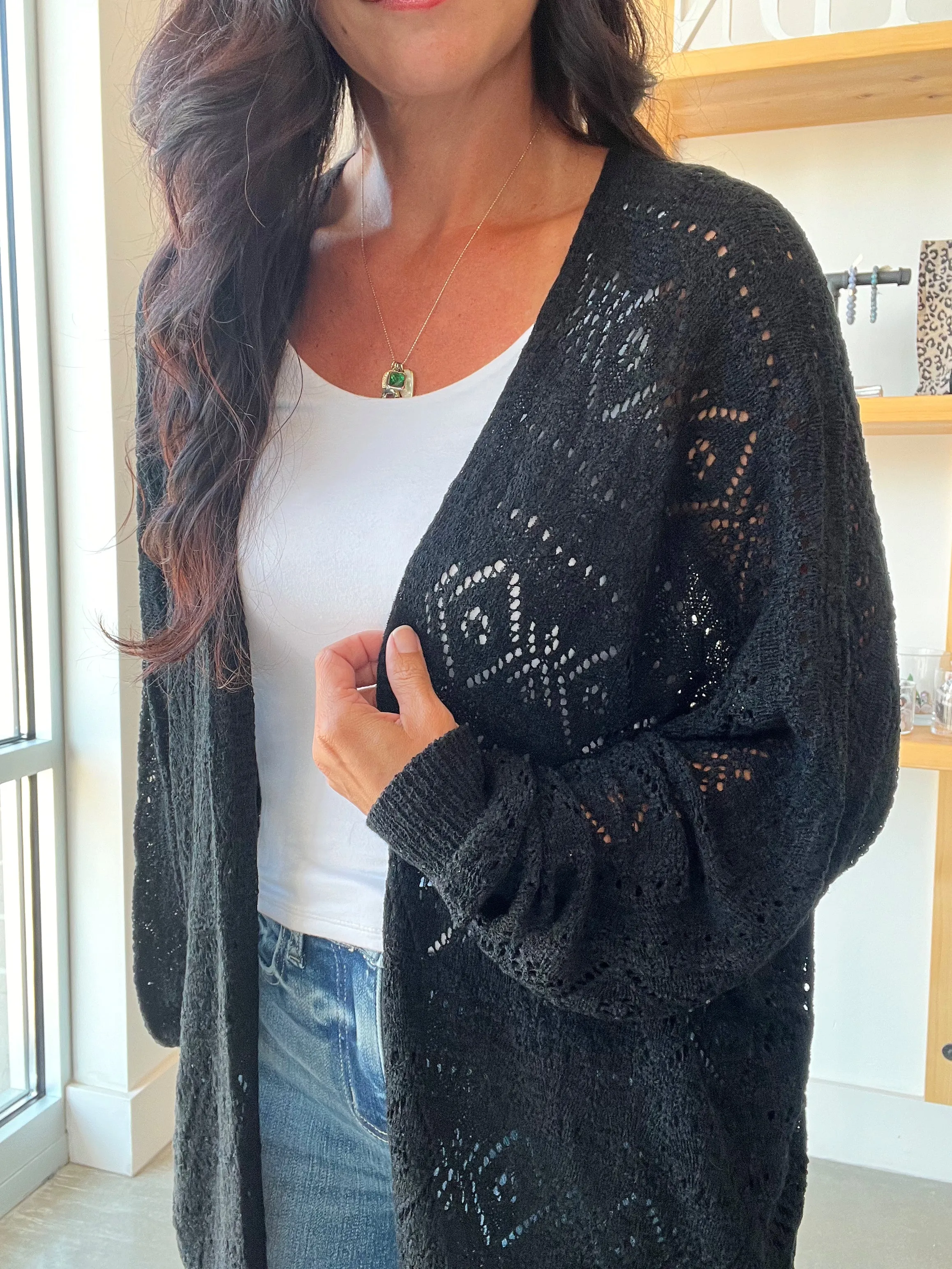 Crochet Knit Slouchy Cardigan in Black