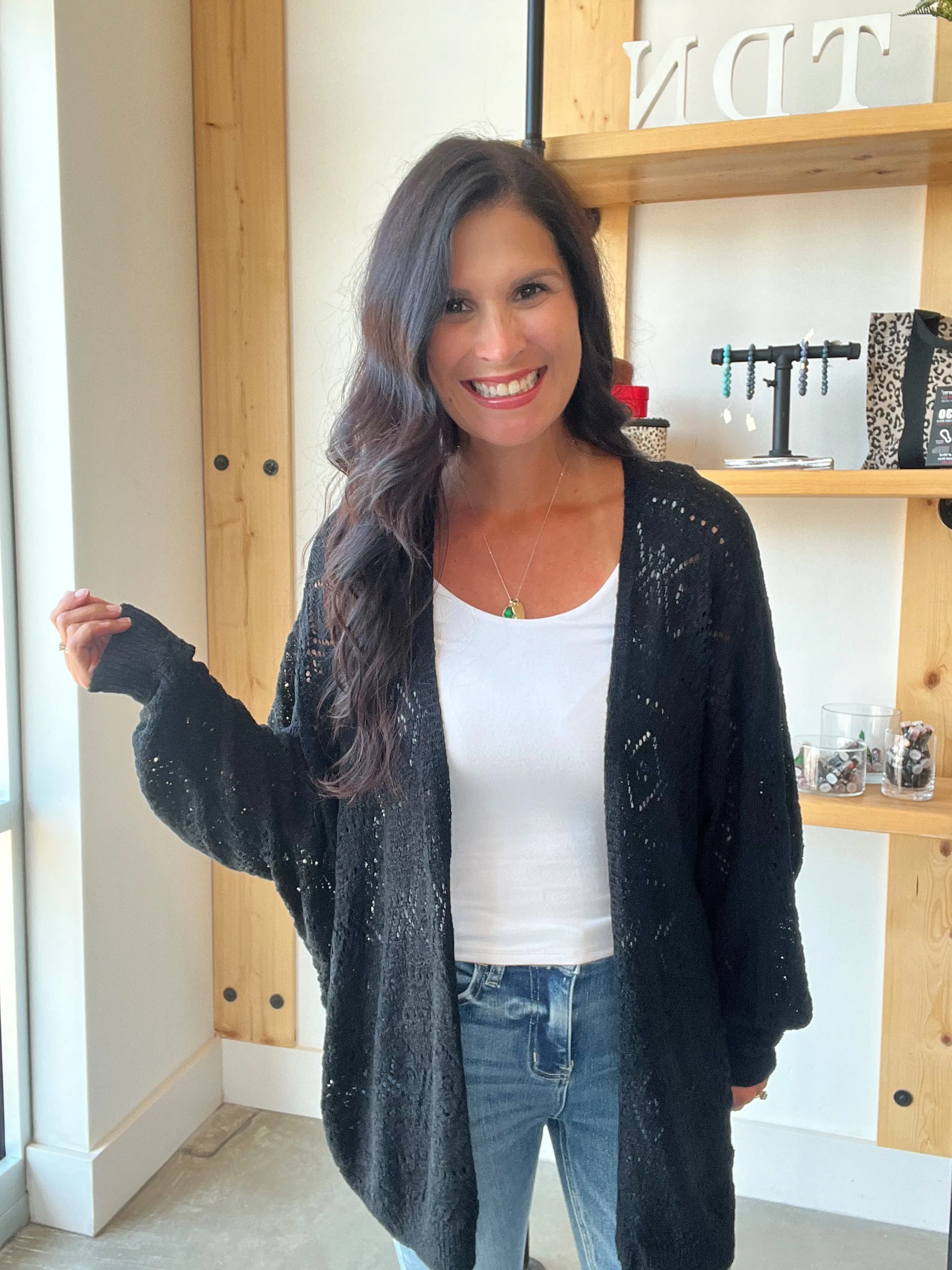 Crochet Knit Slouchy Cardigan in Black