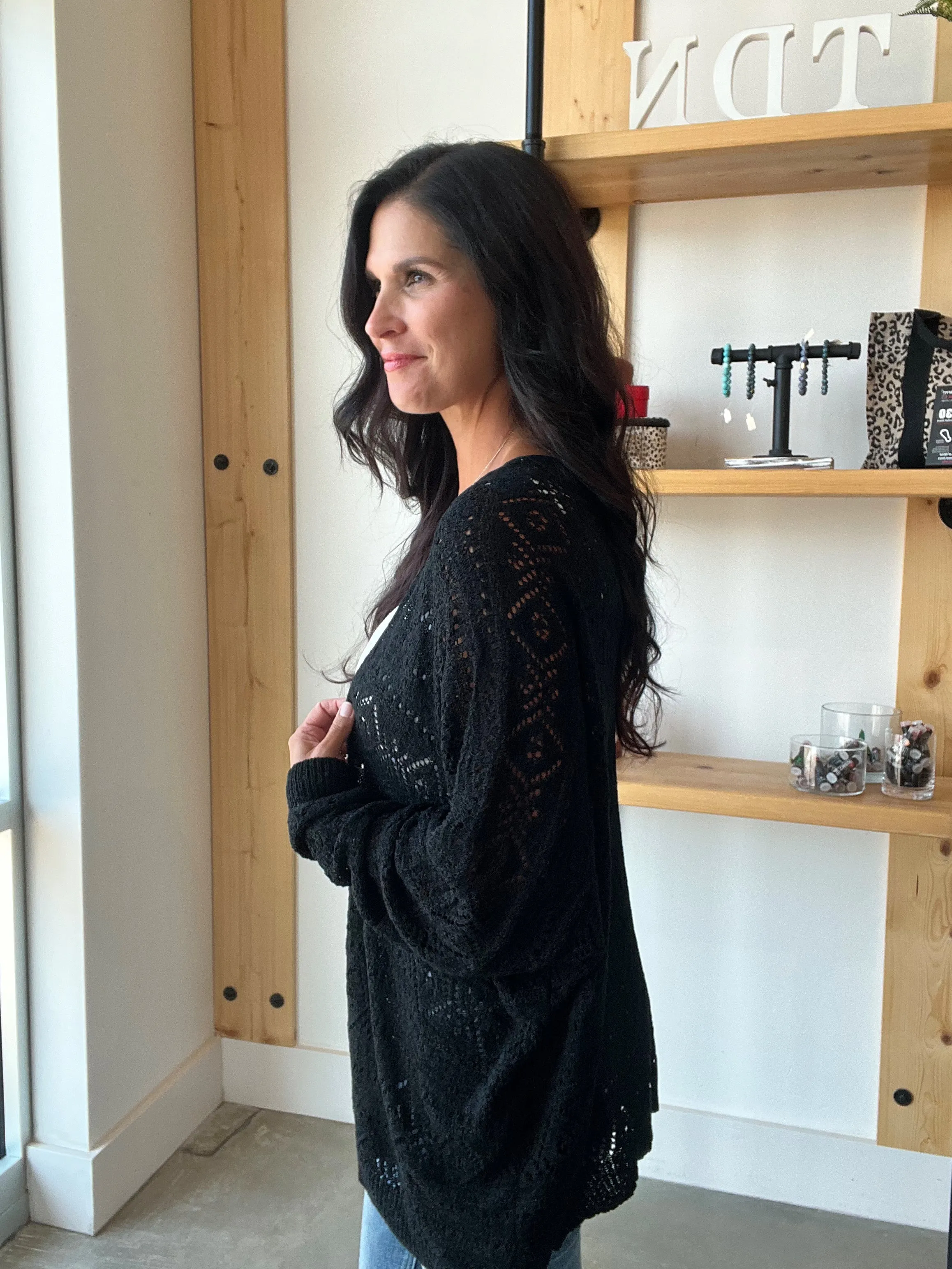 Crochet Knit Slouchy Cardigan in Black