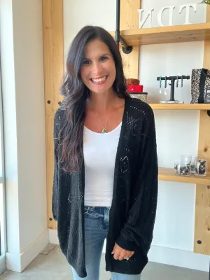 Crochet Knit Slouchy Cardigan in Black
