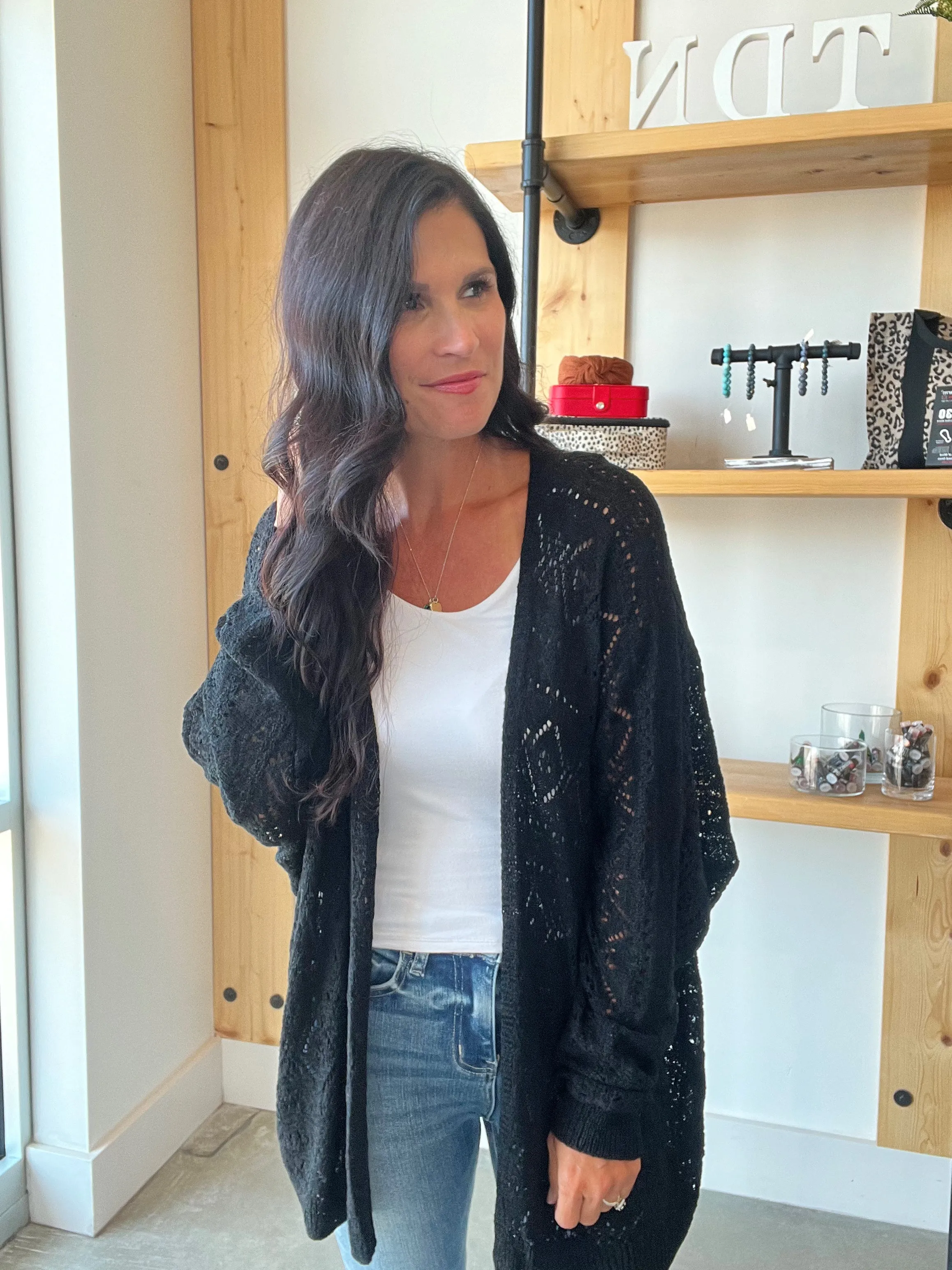 Crochet Knit Slouchy Cardigan in Black