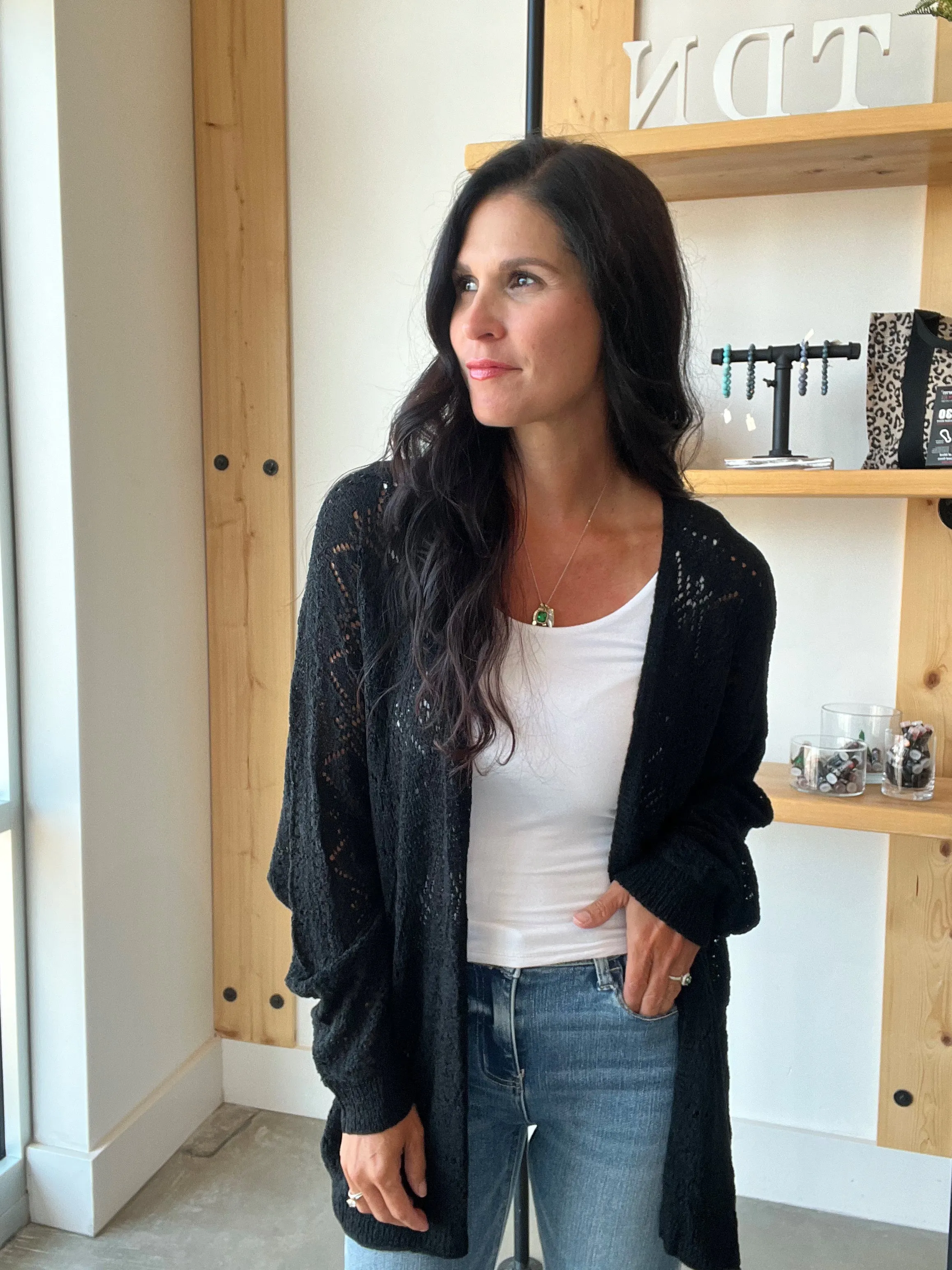 Crochet Knit Slouchy Cardigan in Black