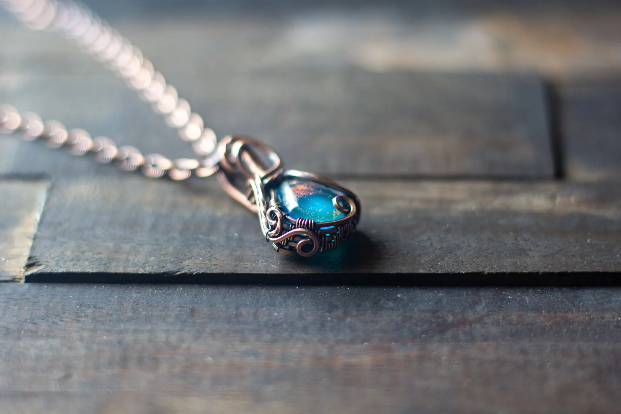 Dichroic Blue and Green Fused Glass Teardrop Pendant with Copper Wire Wrapping