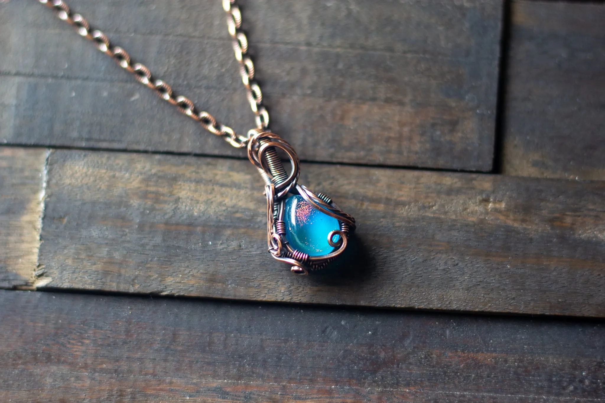 Dichroic Blue and Green Fused Glass Teardrop Pendant with Copper Wire Wrapping