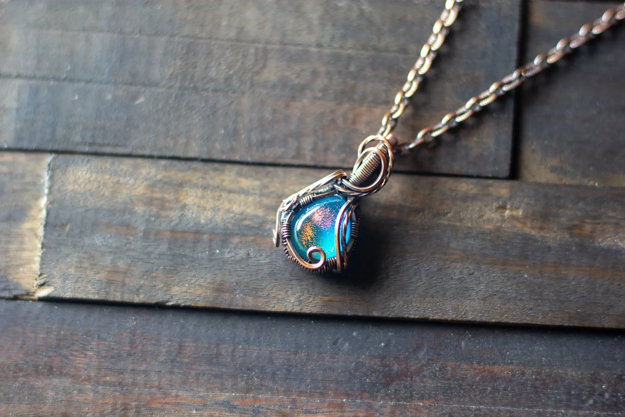 Dichroic Blue and Green Fused Glass Teardrop Pendant with Copper Wire Wrapping