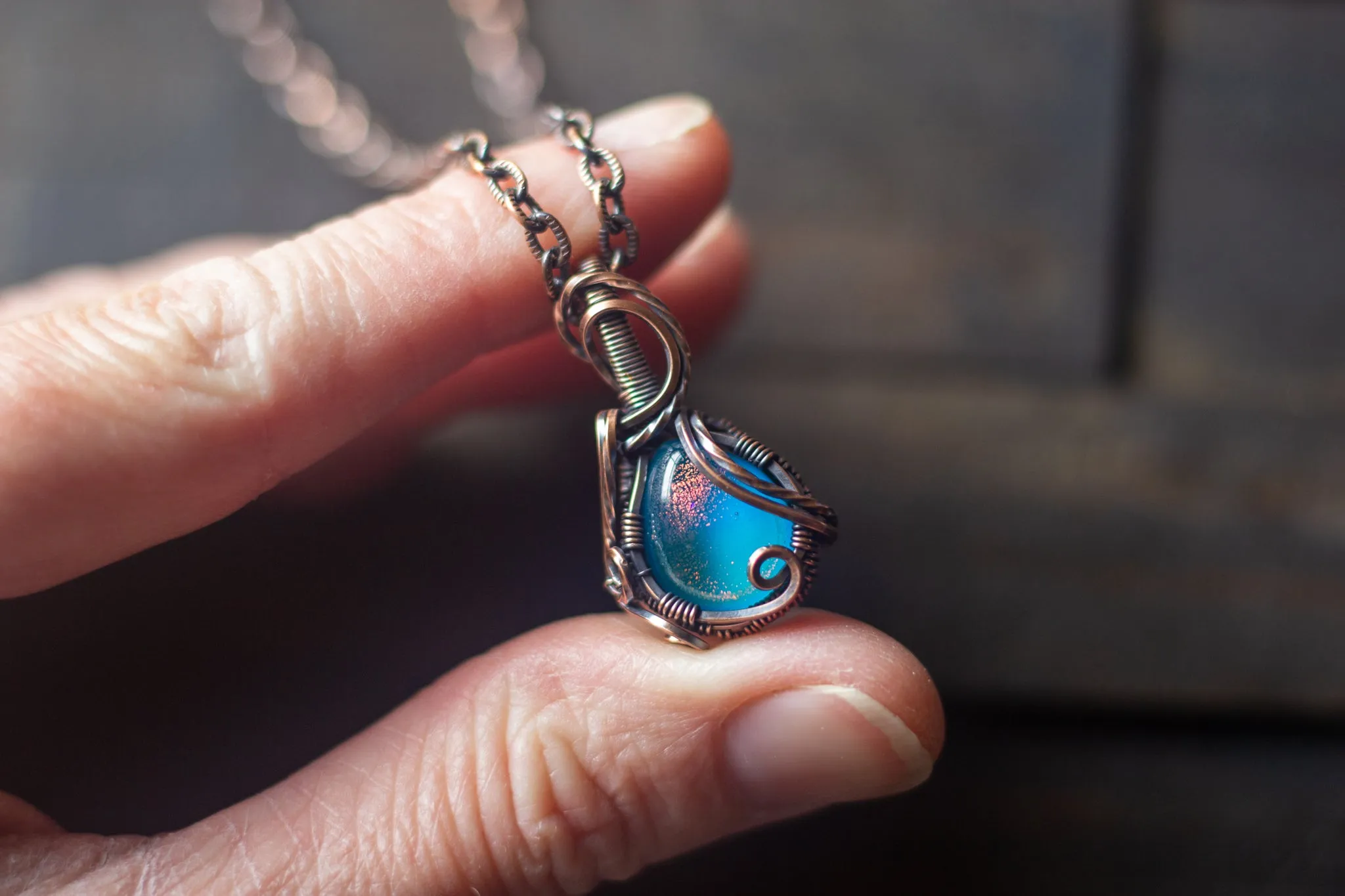 Dichroic Blue and Green Fused Glass Teardrop Pendant with Copper Wire Wrapping
