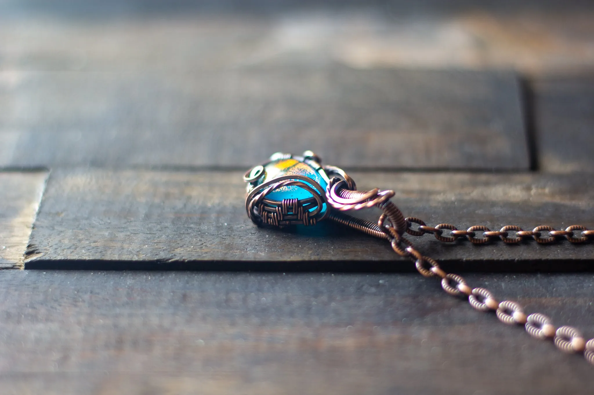 Dichroic Blue and Green Fused Glass Teardrop Pendant with Copper Wire Wrapping