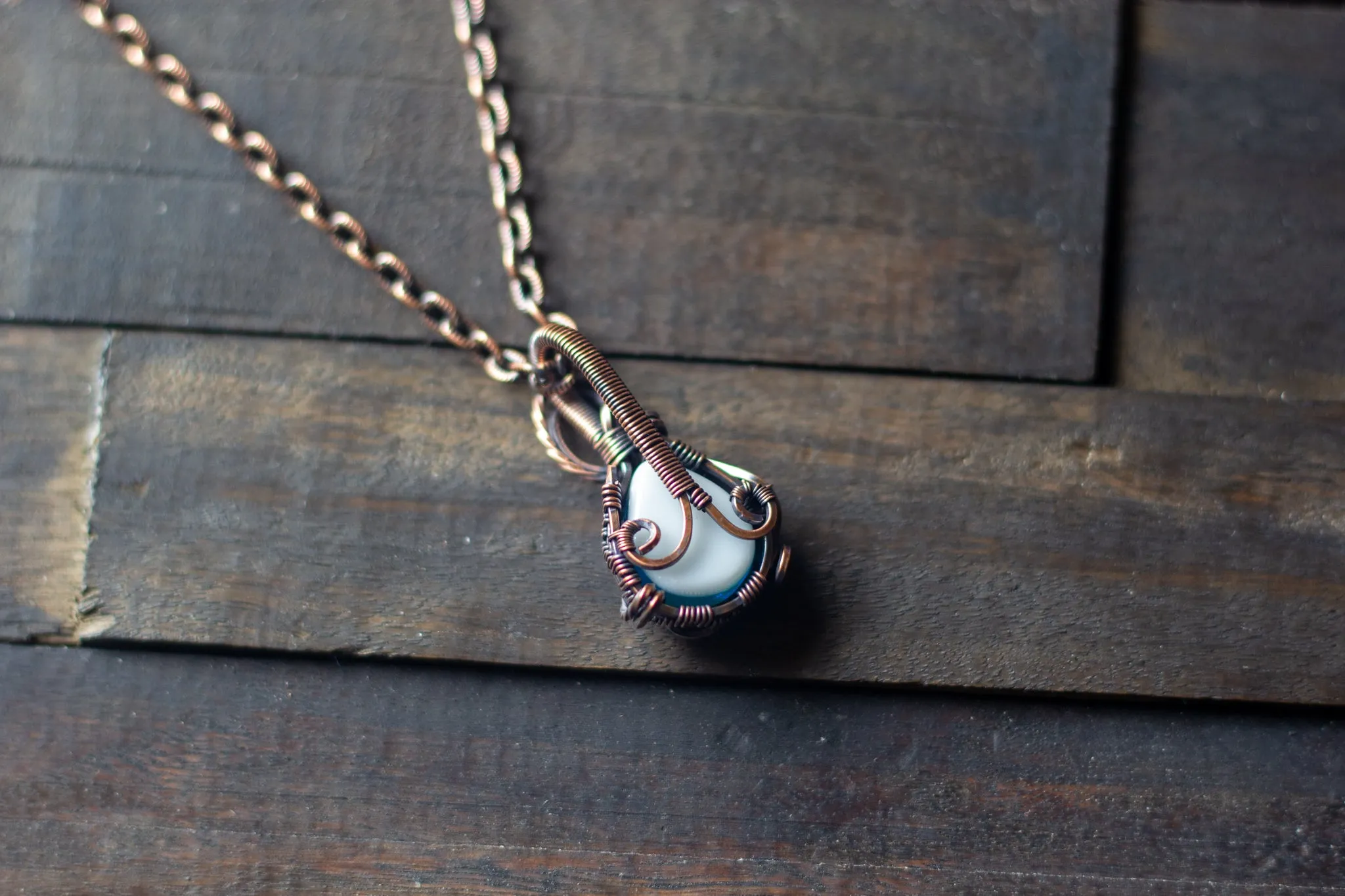 Dichroic Blue and Green Fused Glass Teardrop Pendant with Copper Wire Wrapping