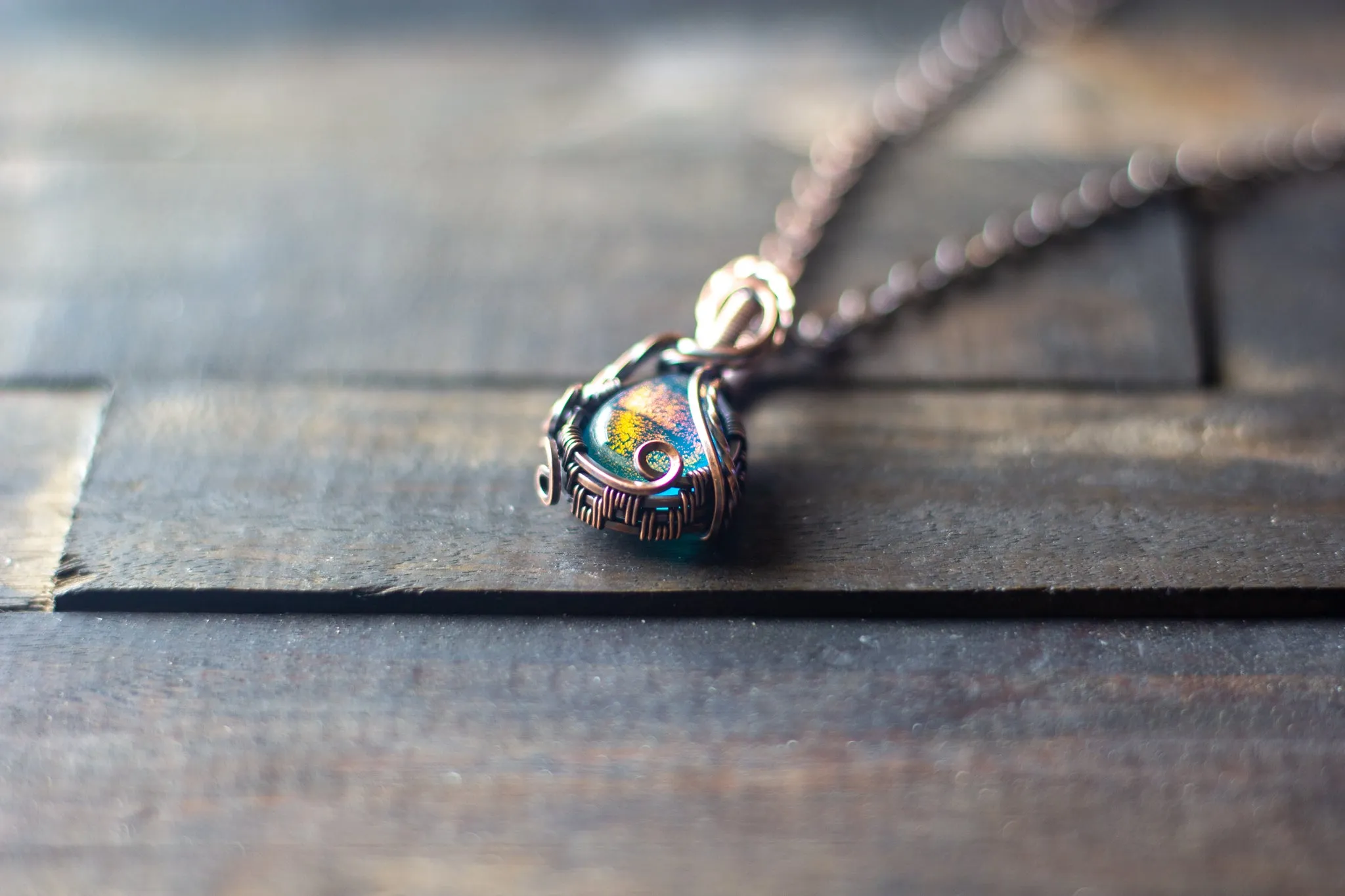 Dichroic Blue and Green Fused Glass Teardrop Pendant with Copper Wire Wrapping