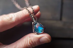 Dichroic Blue and Green Fused Glass Teardrop Pendant with Copper Wire Wrapping