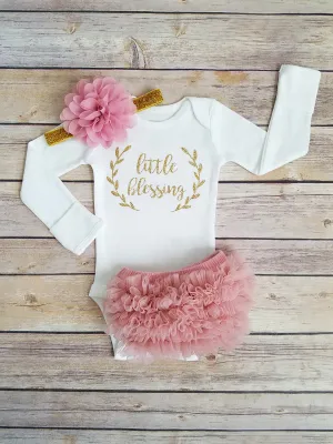 Dusty Pink And Gold Little Blessing Newborn Outfit Coming Home Outfit Girl