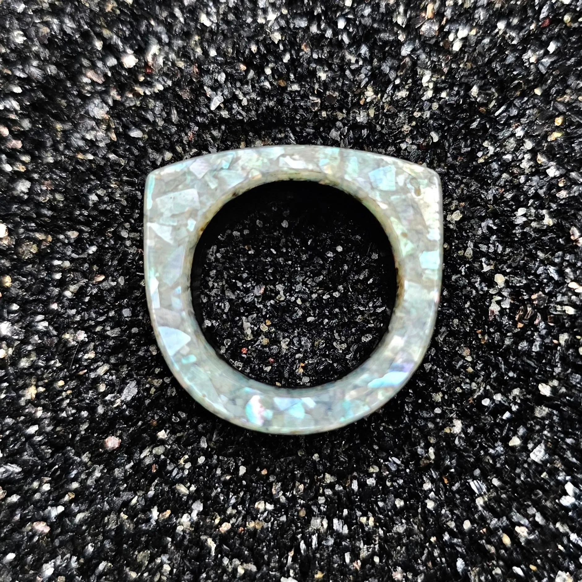 Ebony Wood & Crushed White Mother Of Pearl Ring - Size 9