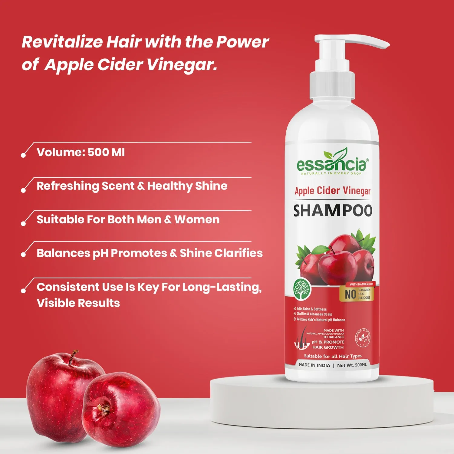 Essancia Apple Cider Vinegar Shampoo - Revitalizes Hair for Softness and Shine (500ml)