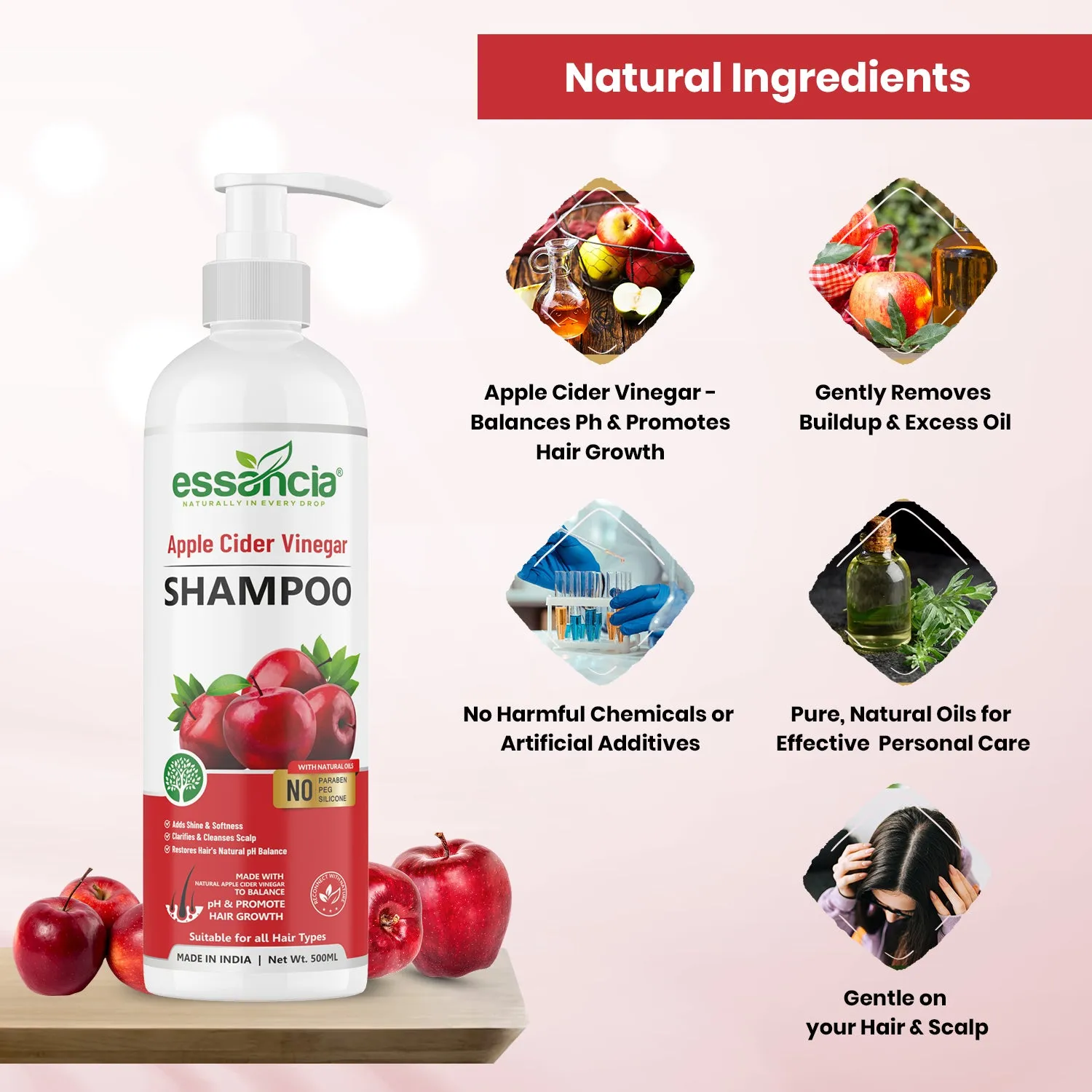 Essancia Apple Cider Vinegar Shampoo - Revitalizes Hair for Softness and Shine (500ml)