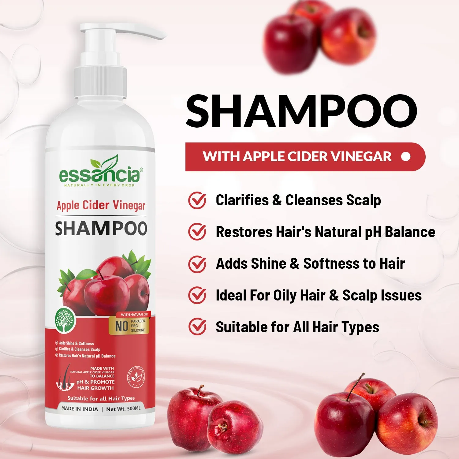Essancia Apple Cider Vinegar Shampoo - Revitalizes Hair for Softness and Shine (500ml)