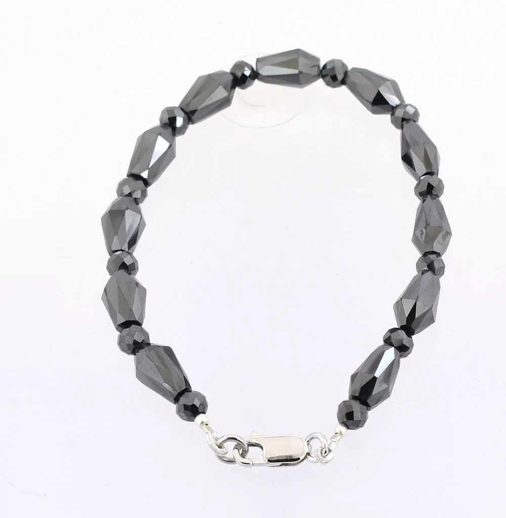 Fancy Cut Designer Black Diamond Beaded Bracelet in Sterling Silver. AAA Certified! Great Style & Luster