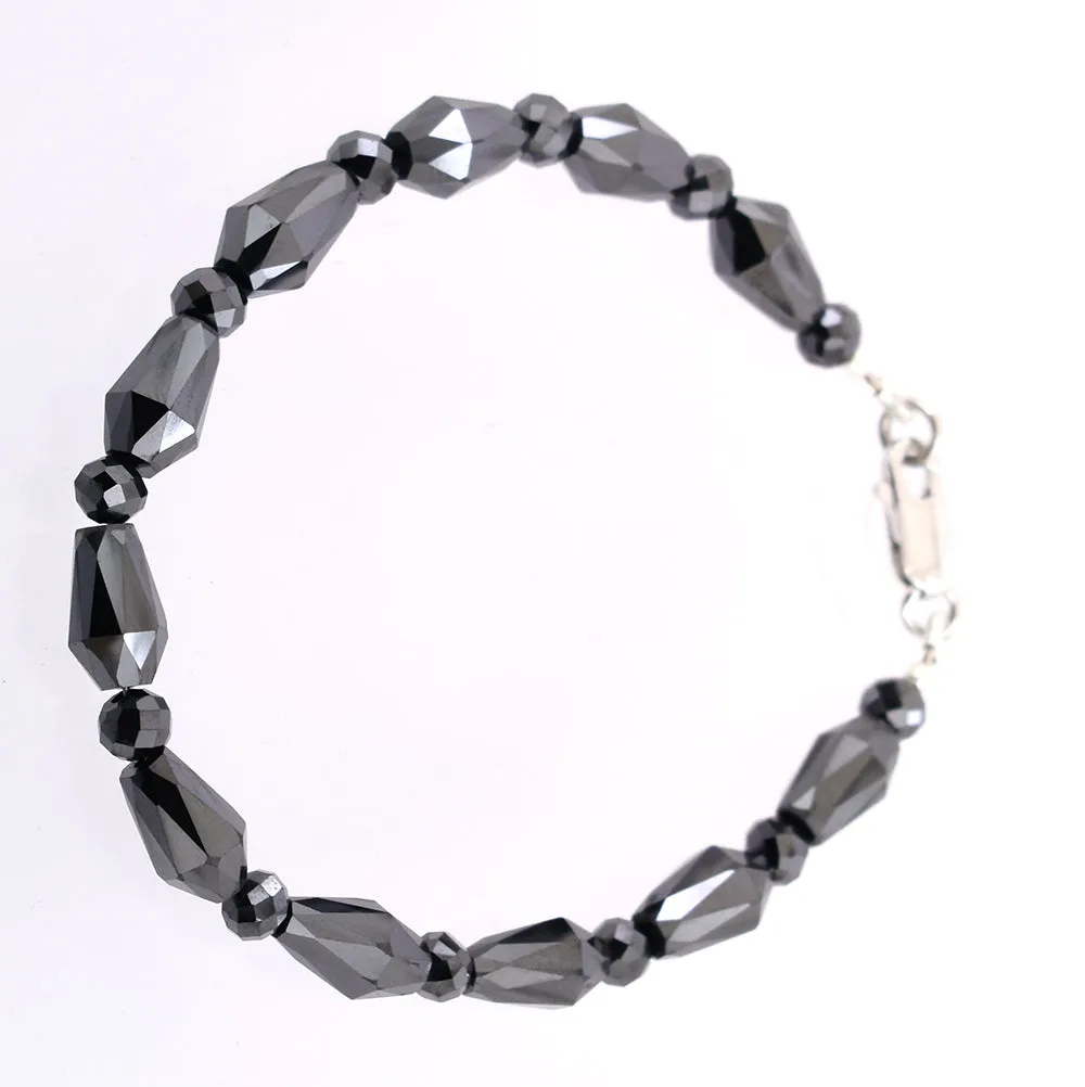 Fancy Cut Designer Black Diamond Beaded Bracelet in Sterling Silver. AAA Certified! Great Style & Luster