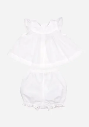Flutter Sleeve Top & Bloomer with Lace, White