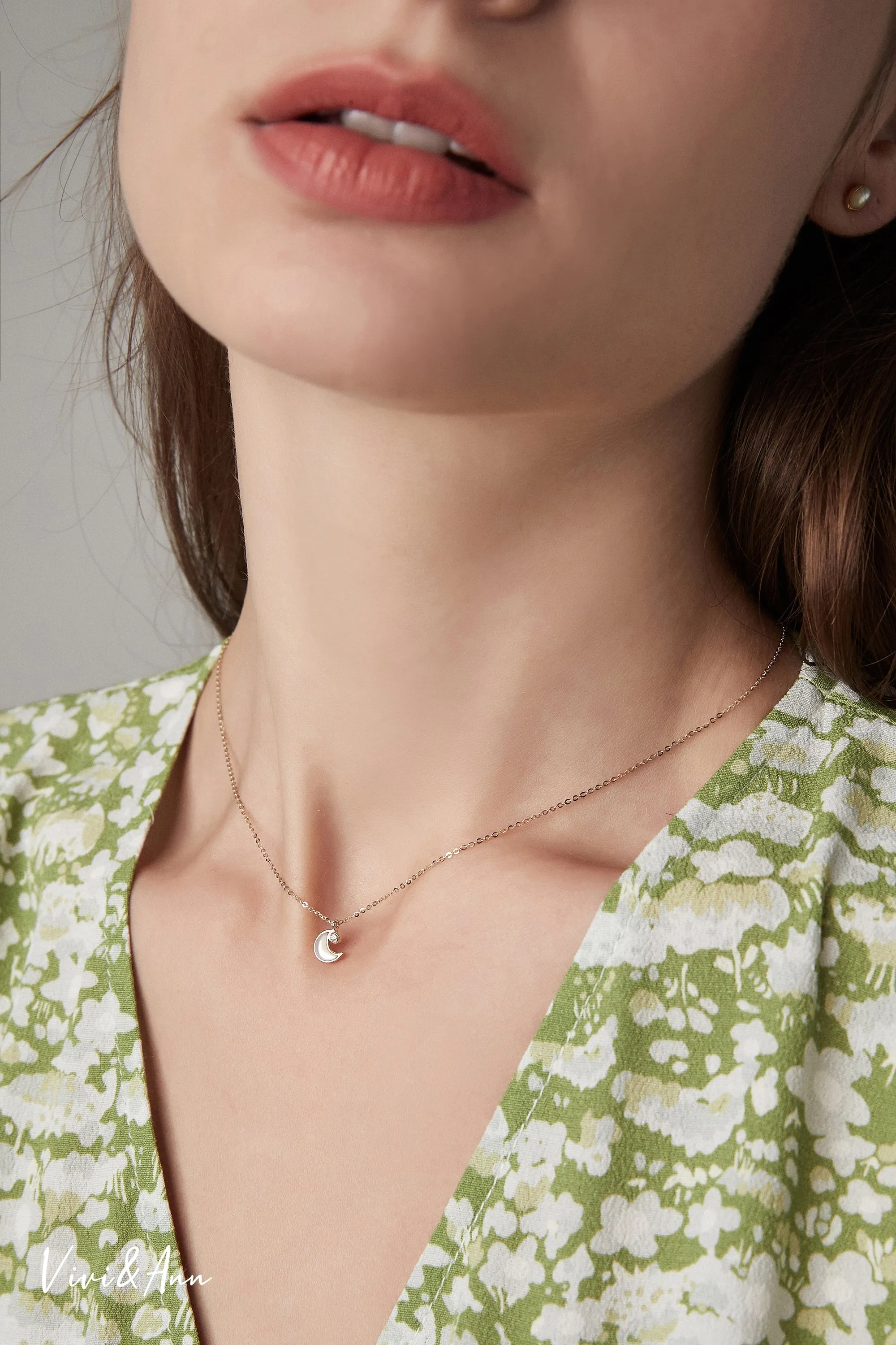 Gentle Moon Mother of Pearl Diamond Necklace Solid 14K Gold