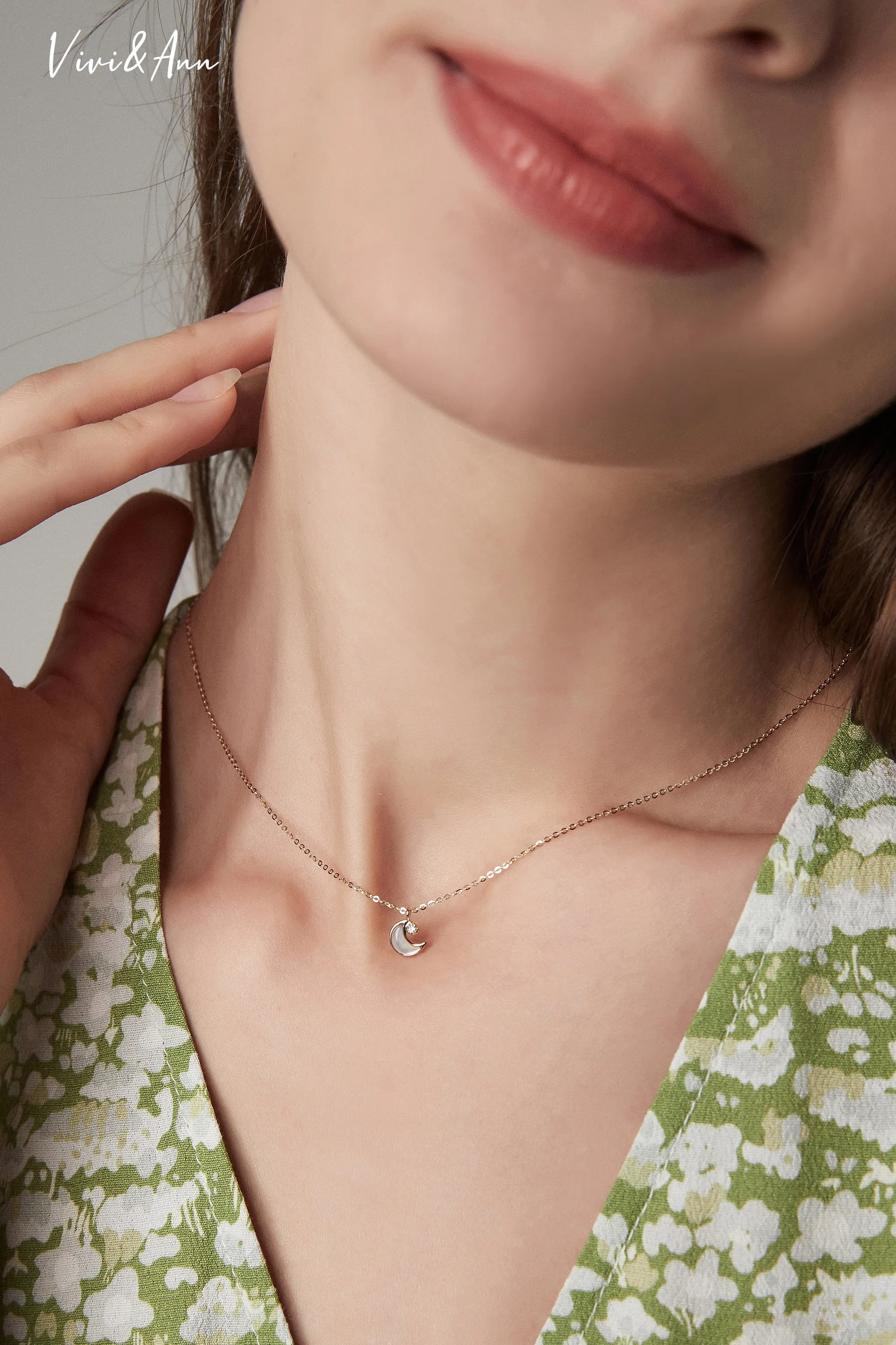 Gentle Moon Mother of Pearl Diamond Necklace Solid 14K Gold