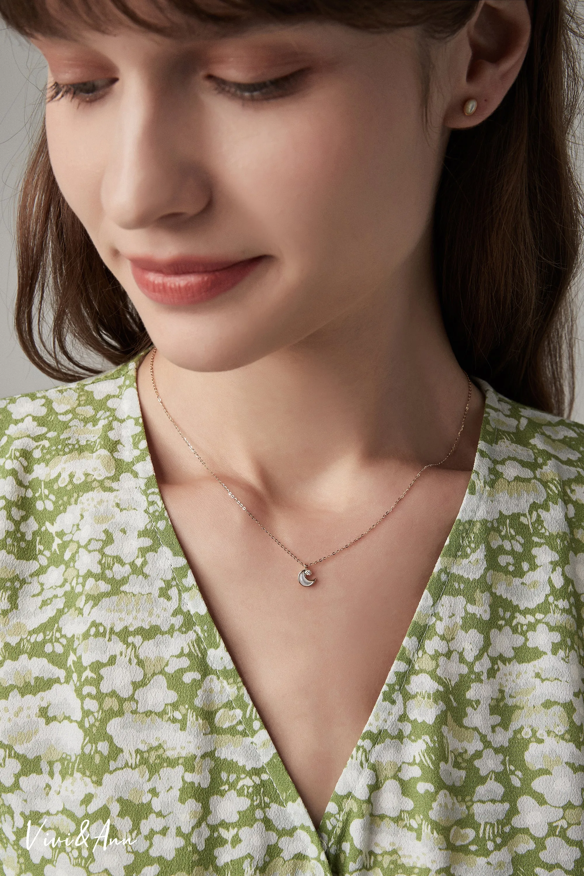 Gentle Moon Mother of Pearl Diamond Necklace Solid 14K Gold