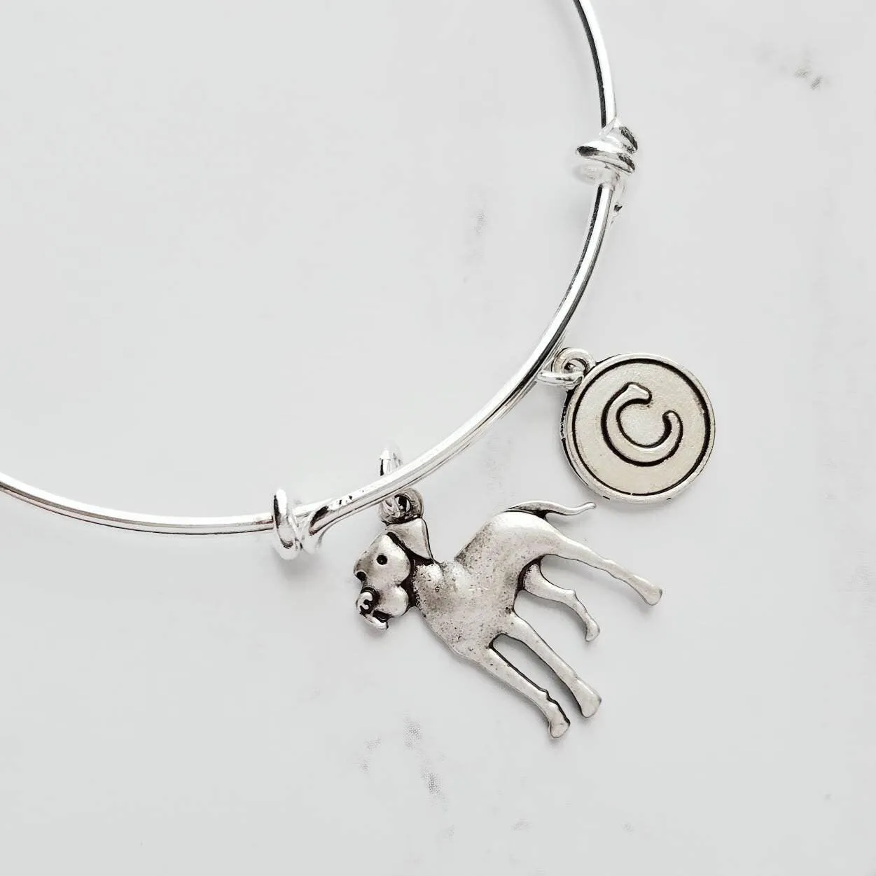 Great Dane Charm Bracelet - silver adjustable bangle double loop pet dog - personalized letter initial monogram - gentle giant huge fur baby