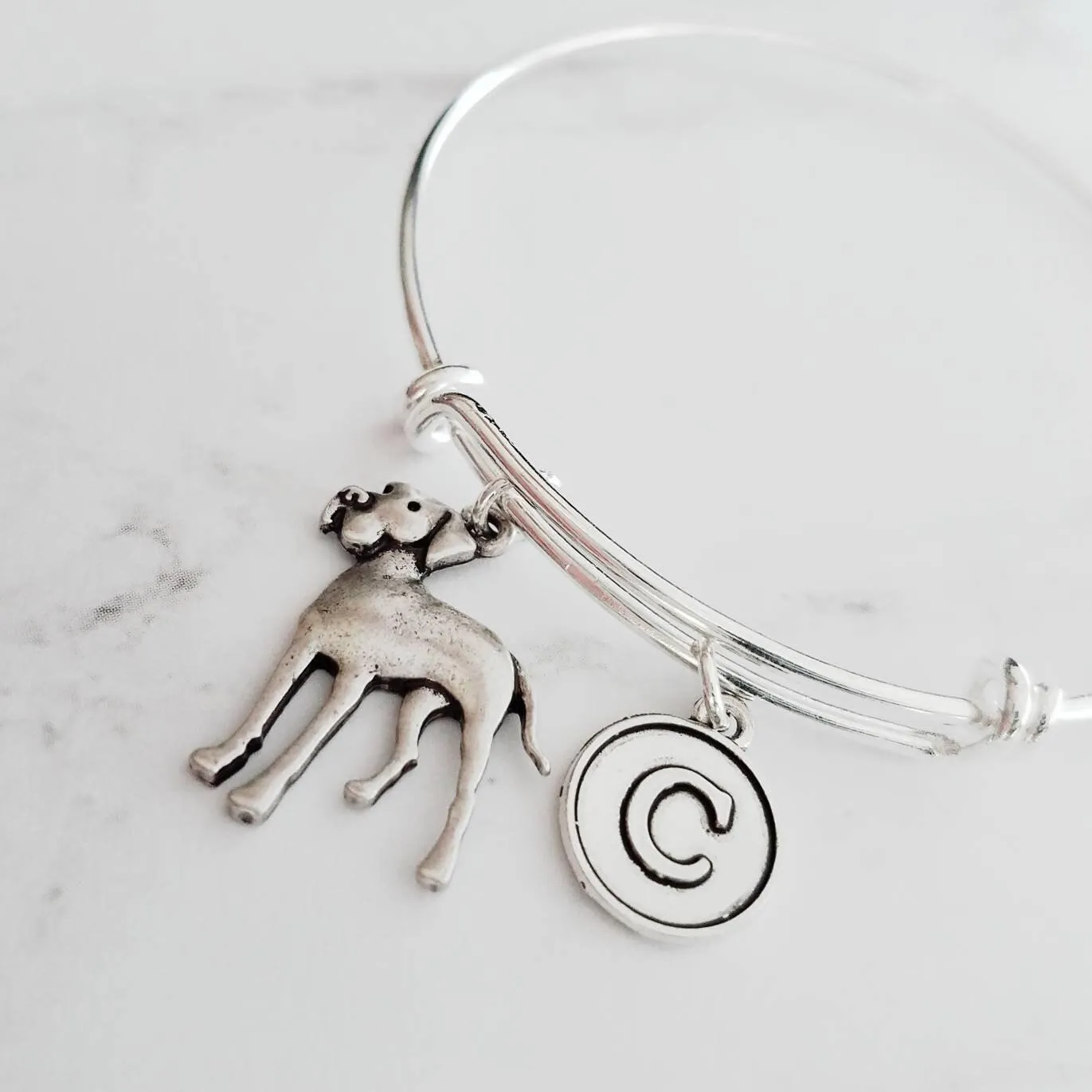 Great Dane Charm Bracelet - silver adjustable bangle double loop pet dog - personalized letter initial monogram - gentle giant huge fur baby