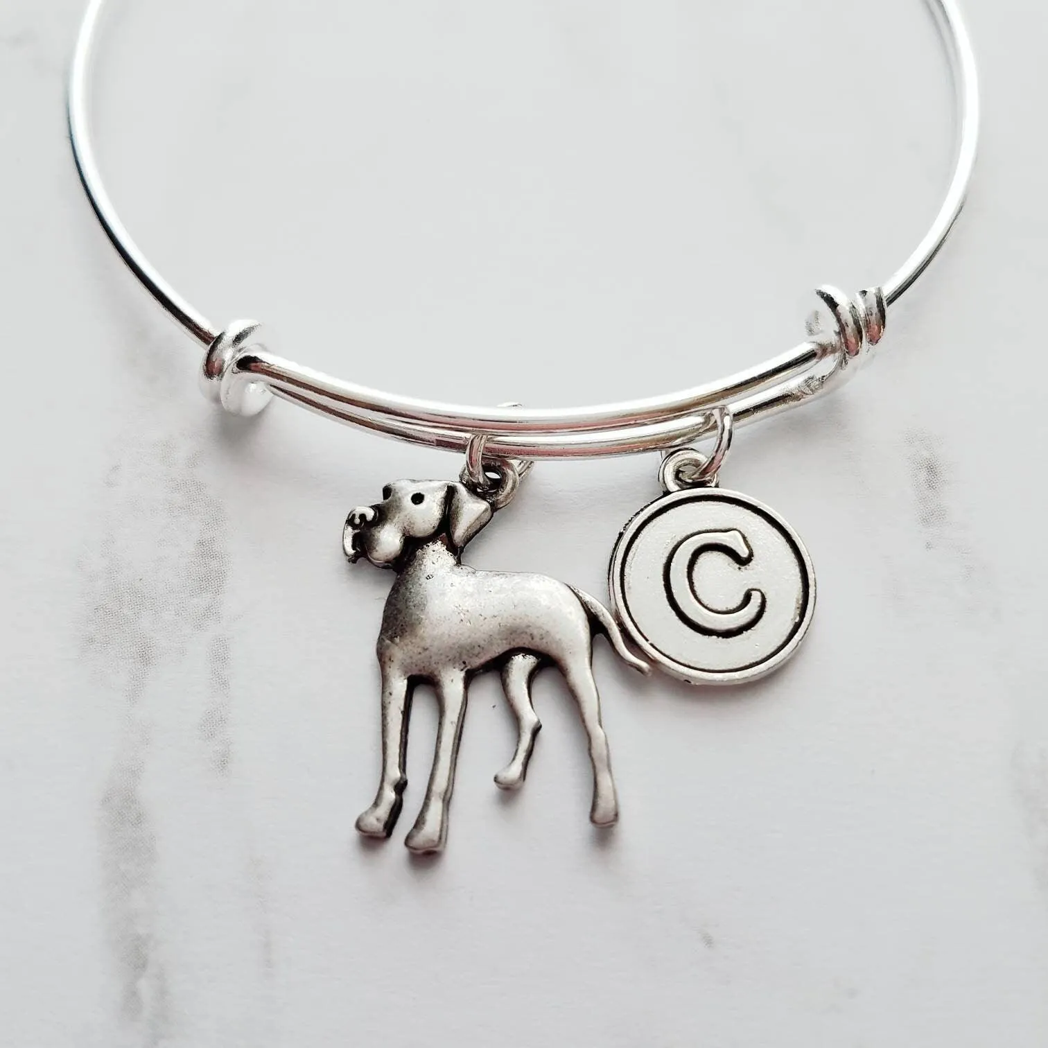 Great Dane Charm Bracelet - silver adjustable bangle double loop pet dog - personalized letter initial monogram - gentle giant huge fur baby