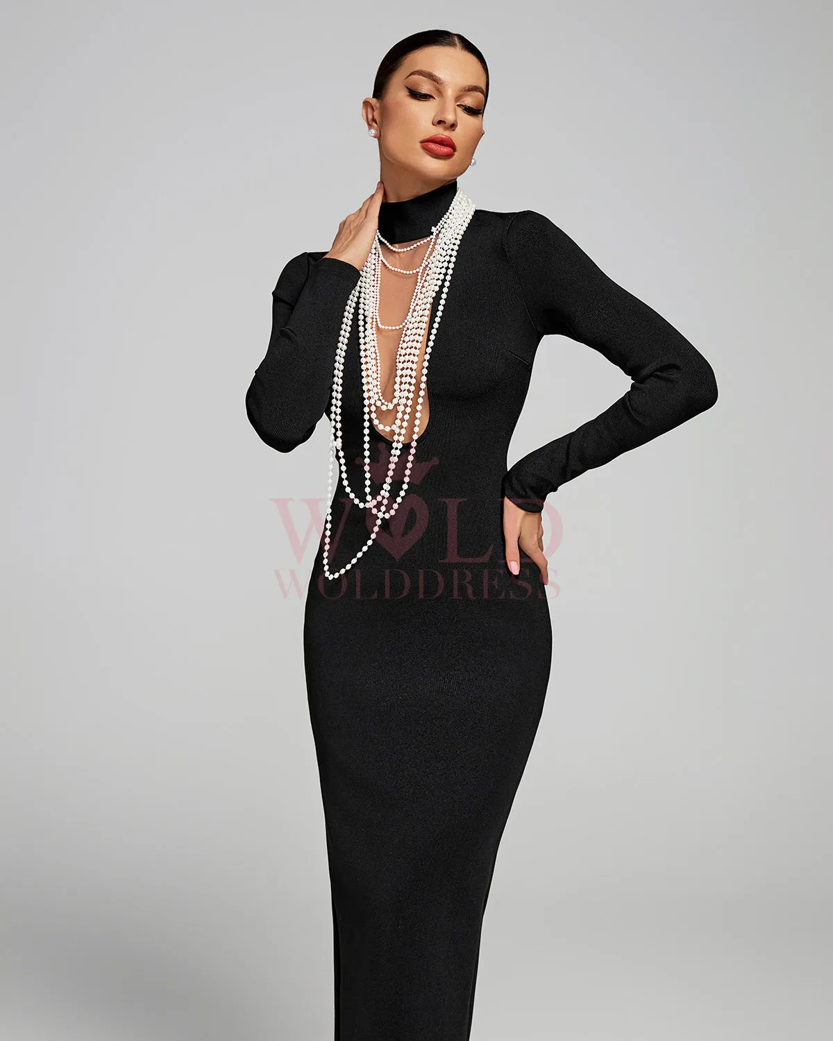 High Neck Pearl Necklace Bandage Maxi Dress