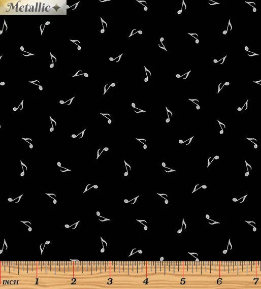 Kanvas Studio Music Notes Black Silver Metallic Cotton Fabric 7723M-12-Black-Silver