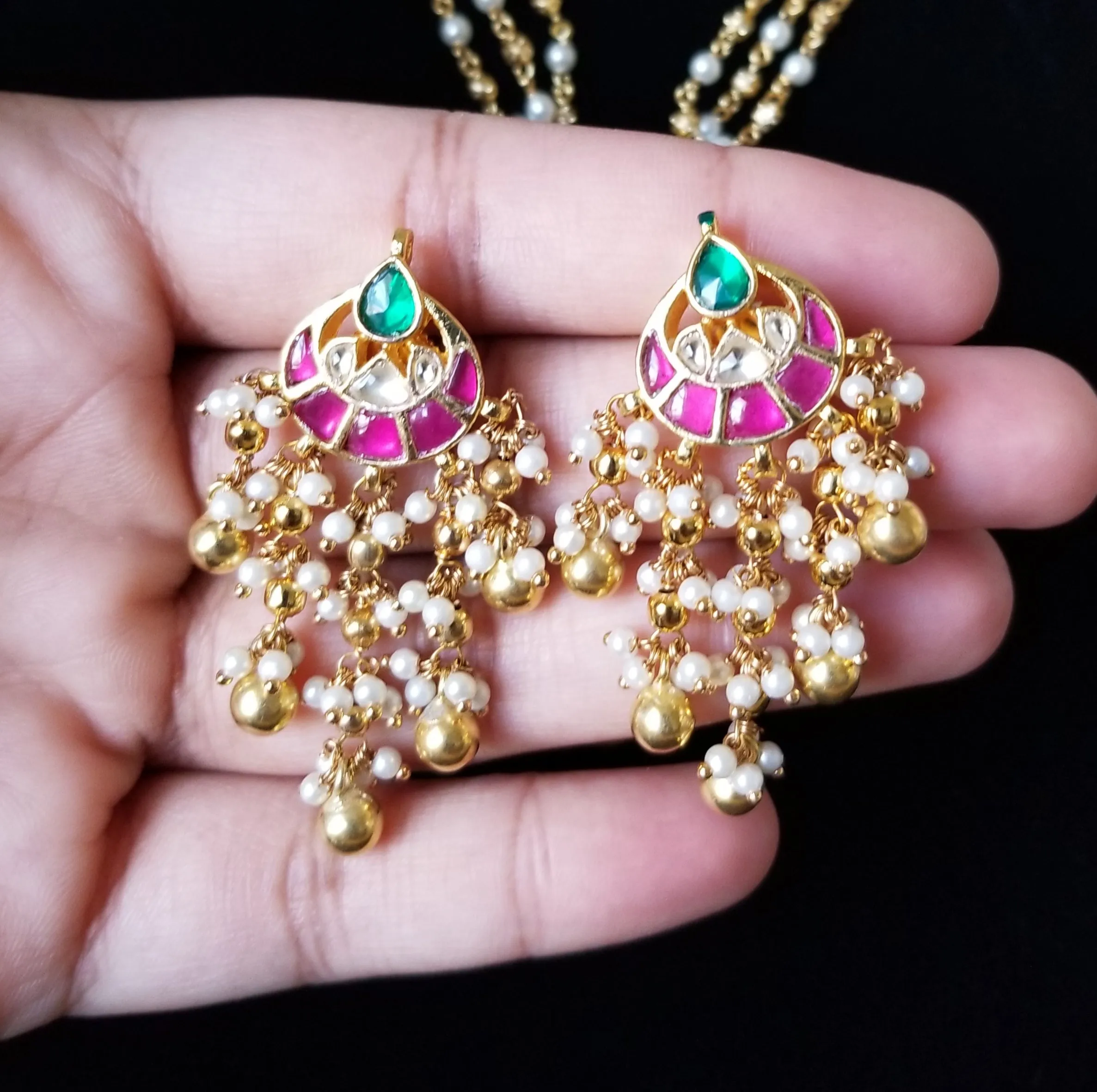 Kranthi Atharva - Lotus  Pachi Kundan Pearl-Gold South Style Chain Set