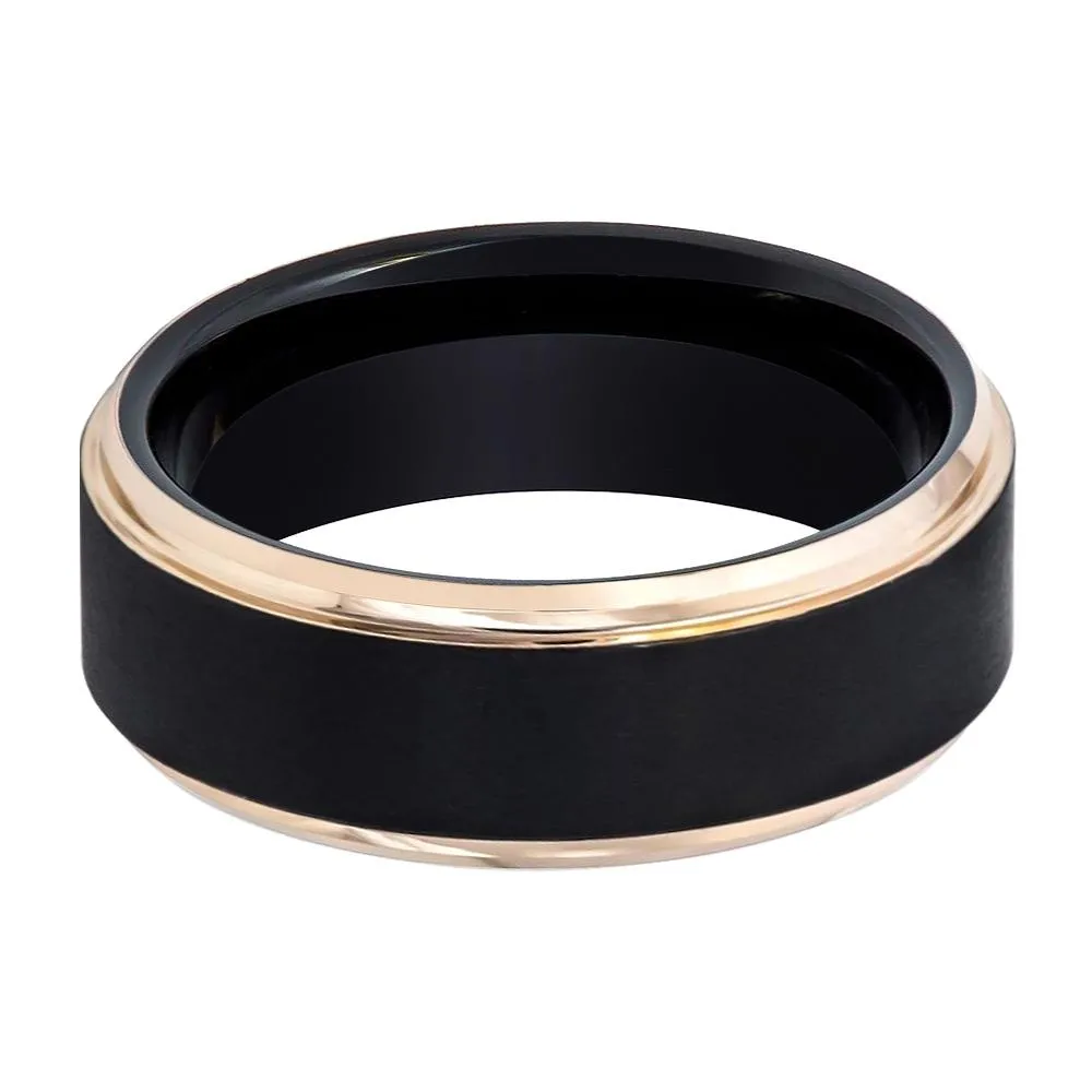 LEONARDO | Black Tungsten Ring, Brushed, Rose Gold Stepped Edge