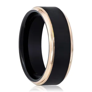 LEONARDO | Black Tungsten Ring, Brushed, Rose Gold Stepped Edge