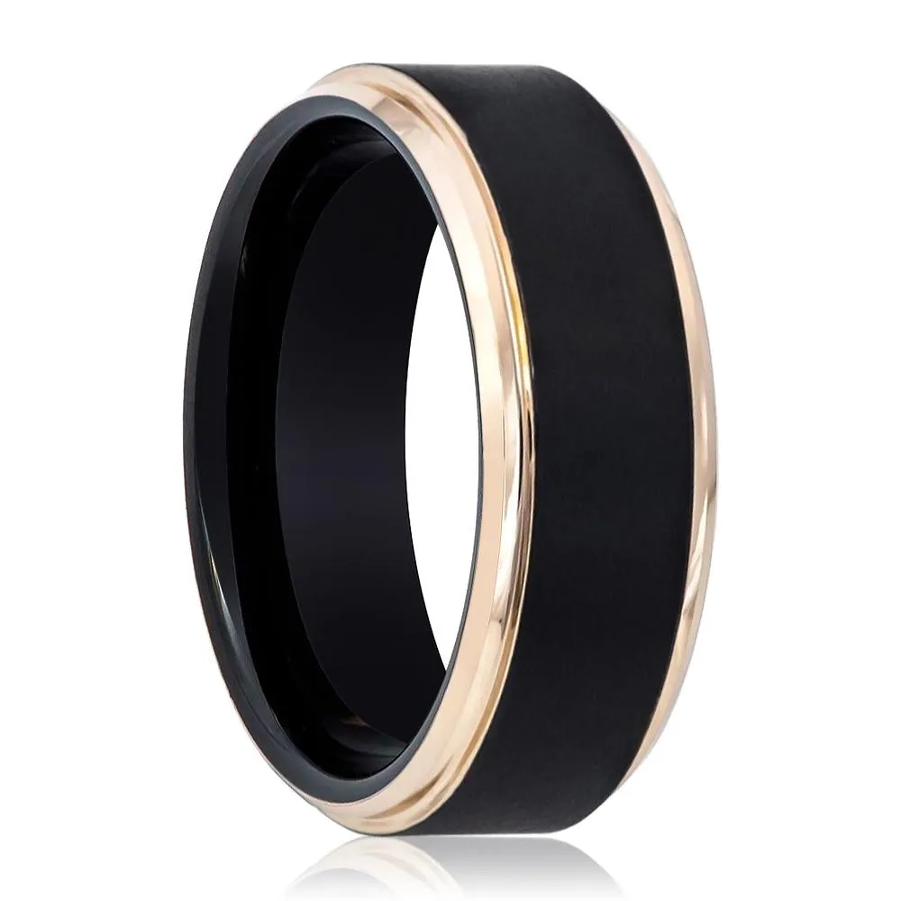 LEONARDO | Black Tungsten Ring, Brushed, Rose Gold Stepped Edge
