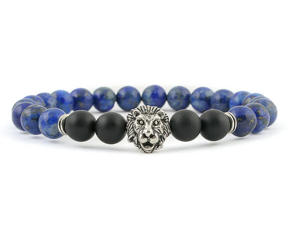 Lion bracelet with lapis lazuli and matte onyx beads
