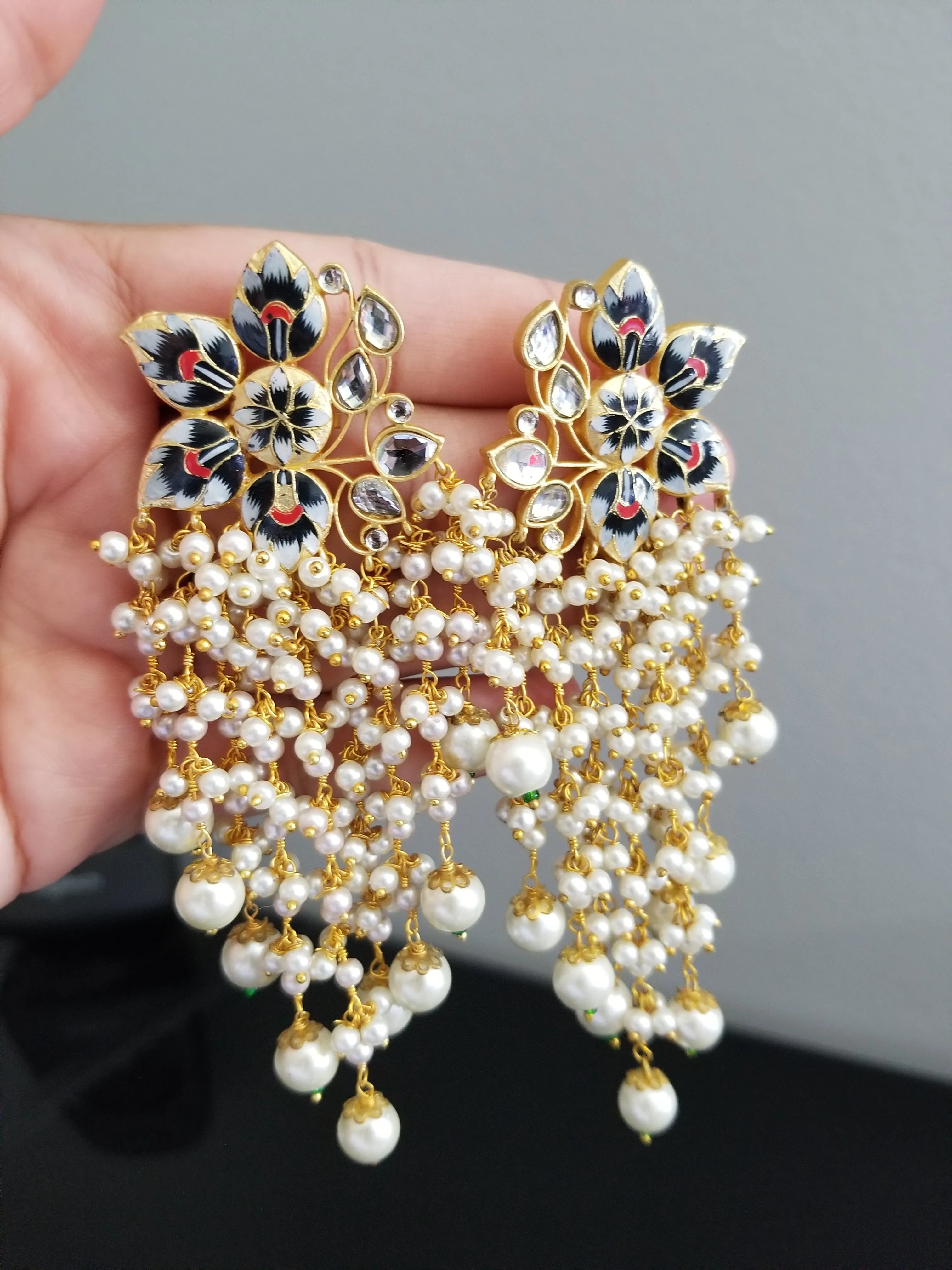 Long Meenakari Flower Earrings With Pearl Clusters