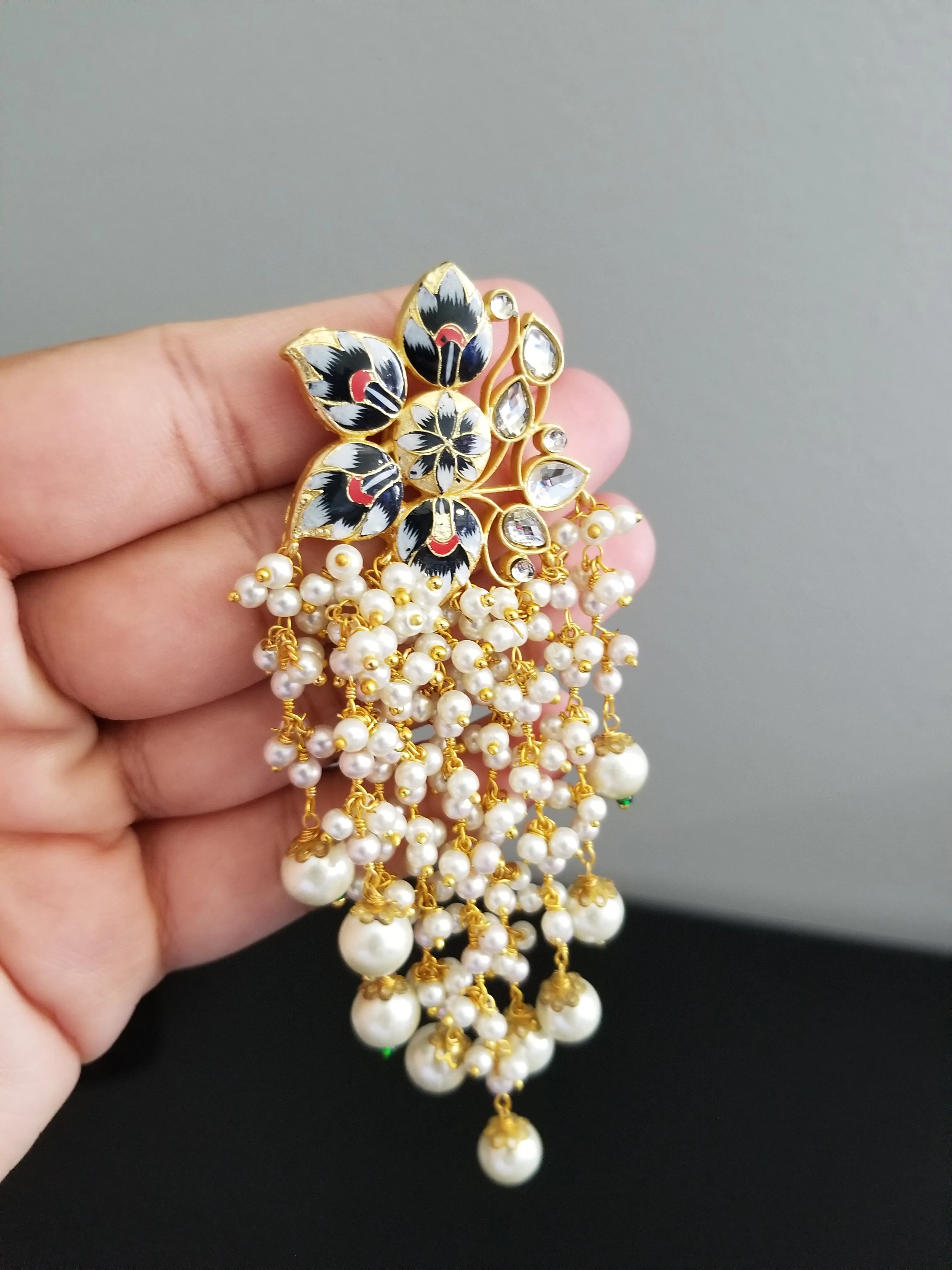 Long Meenakari Flower Earrings With Pearl Clusters