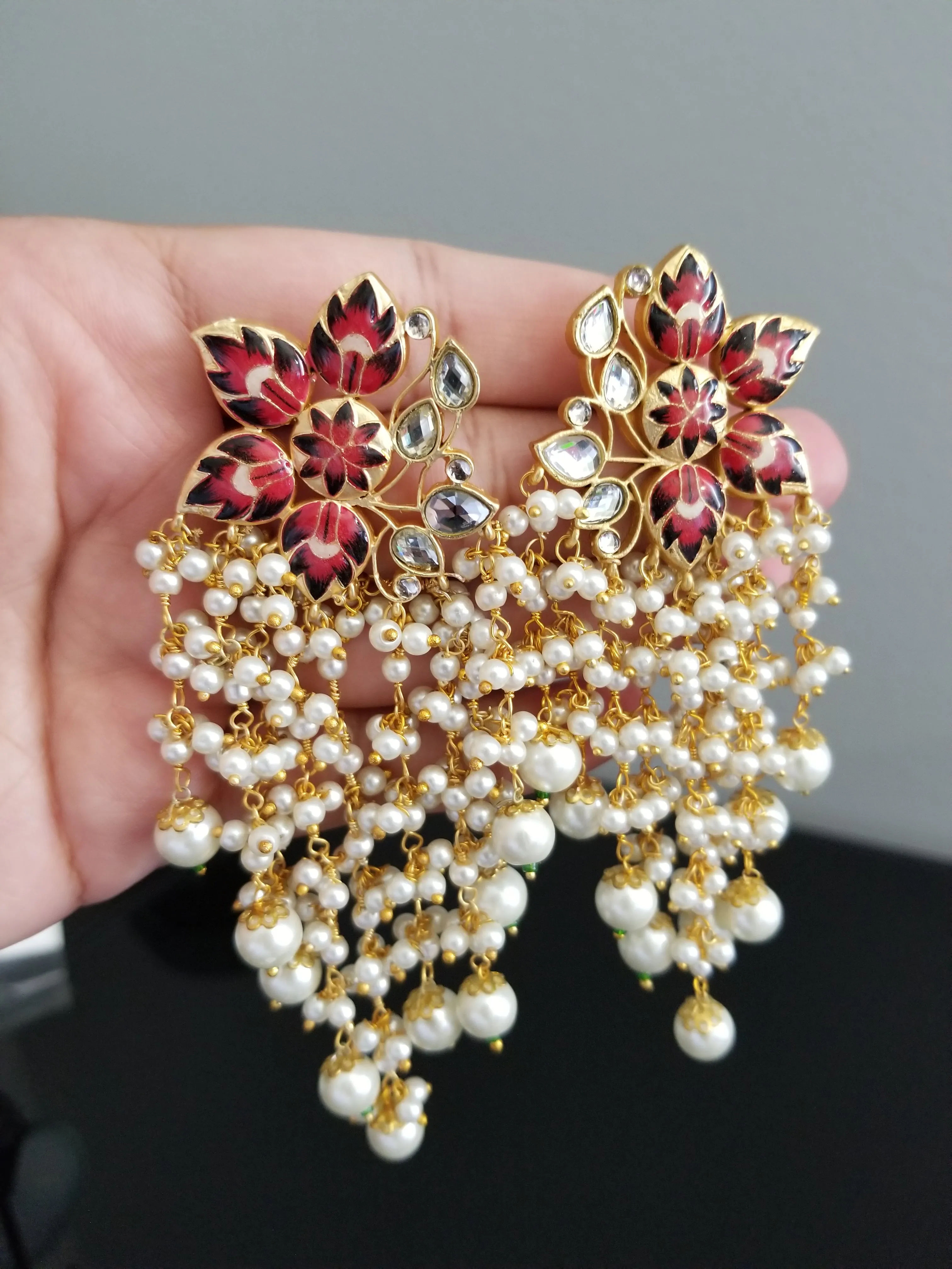 Long Meenakari Flower Earrings With Pearl Clusters