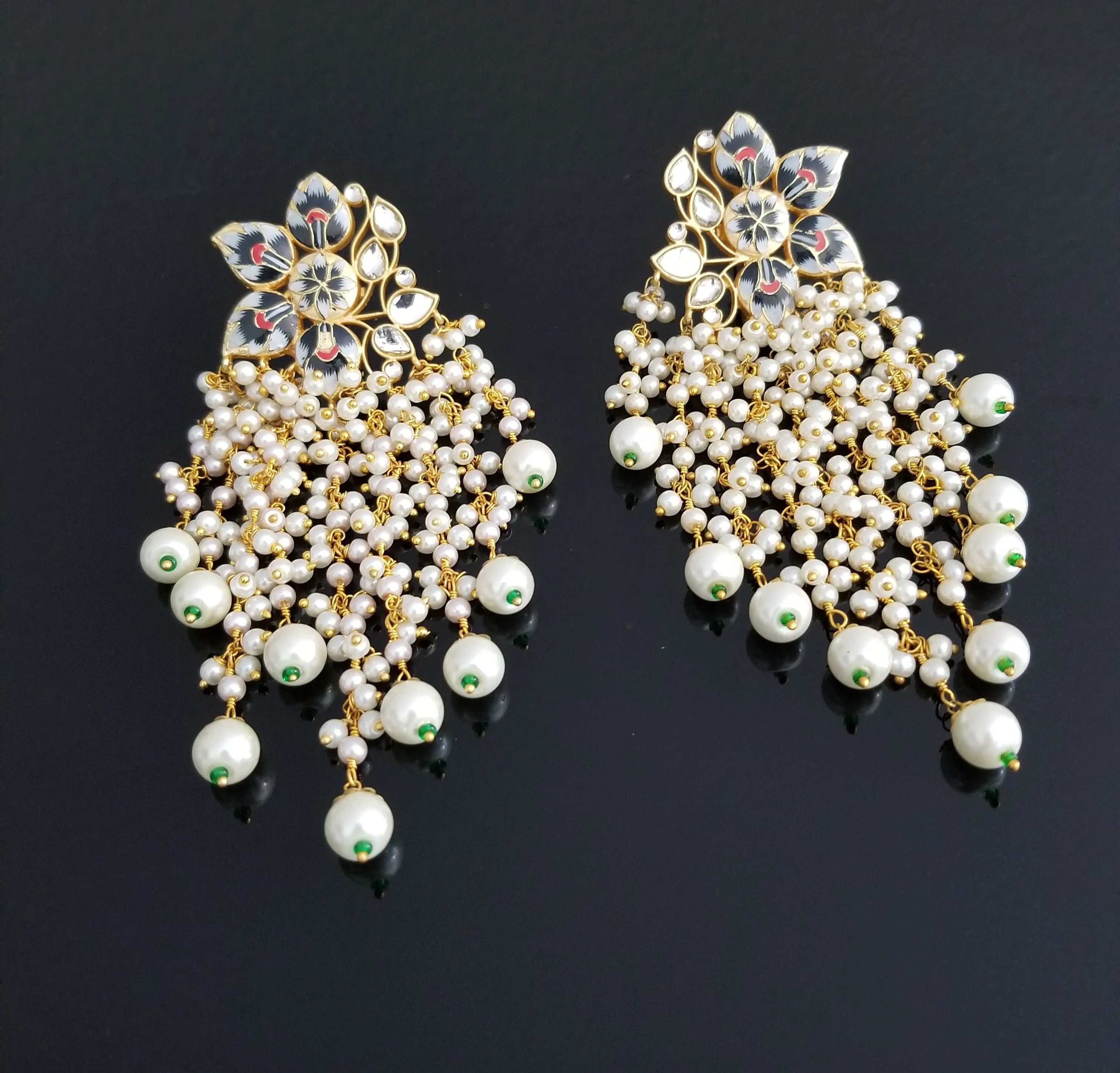 Long Meenakari Flower Earrings With Pearl Clusters