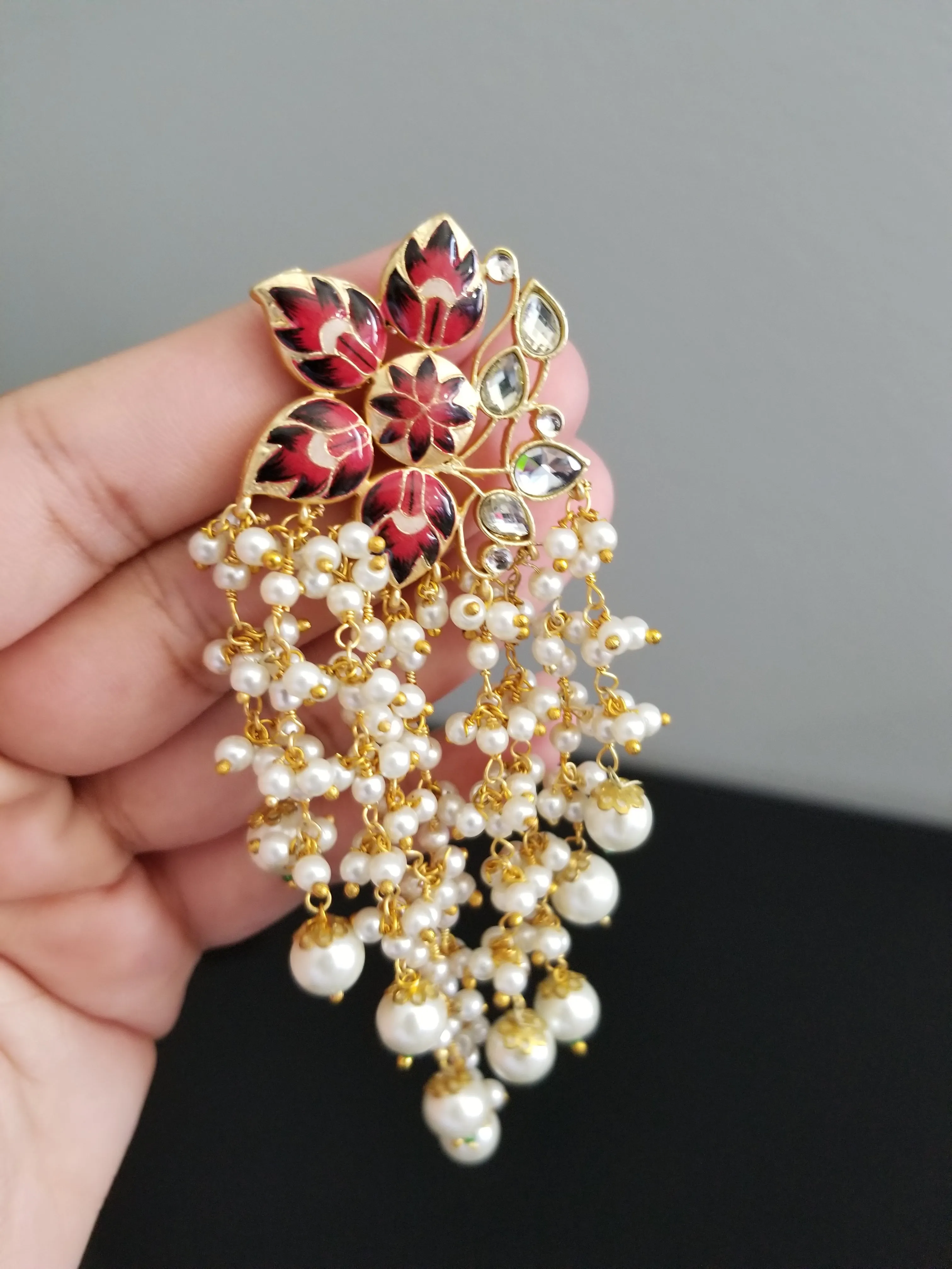 Long Meenakari Flower Earrings With Pearl Clusters