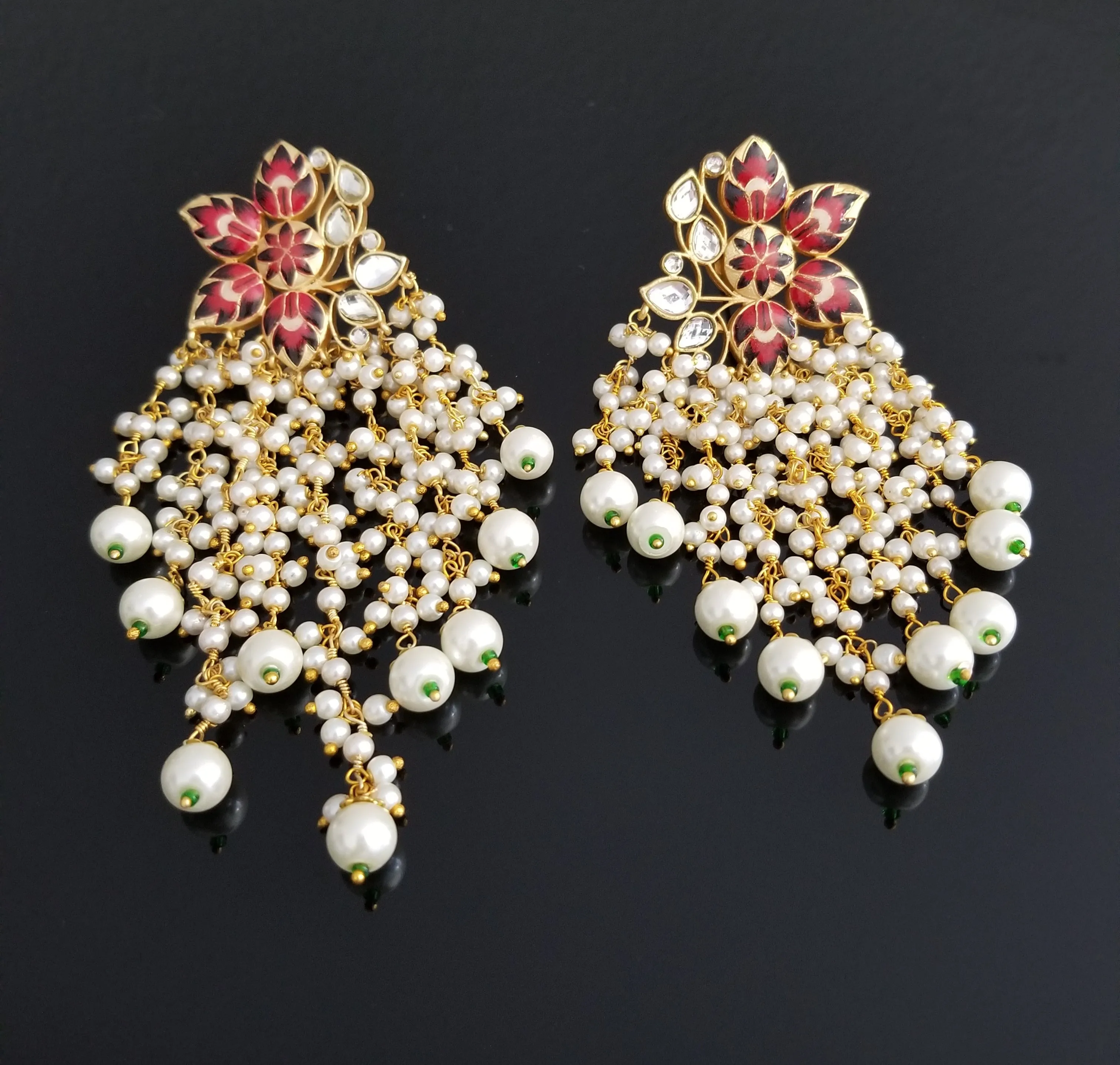 Long Meenakari Flower Earrings With Pearl Clusters