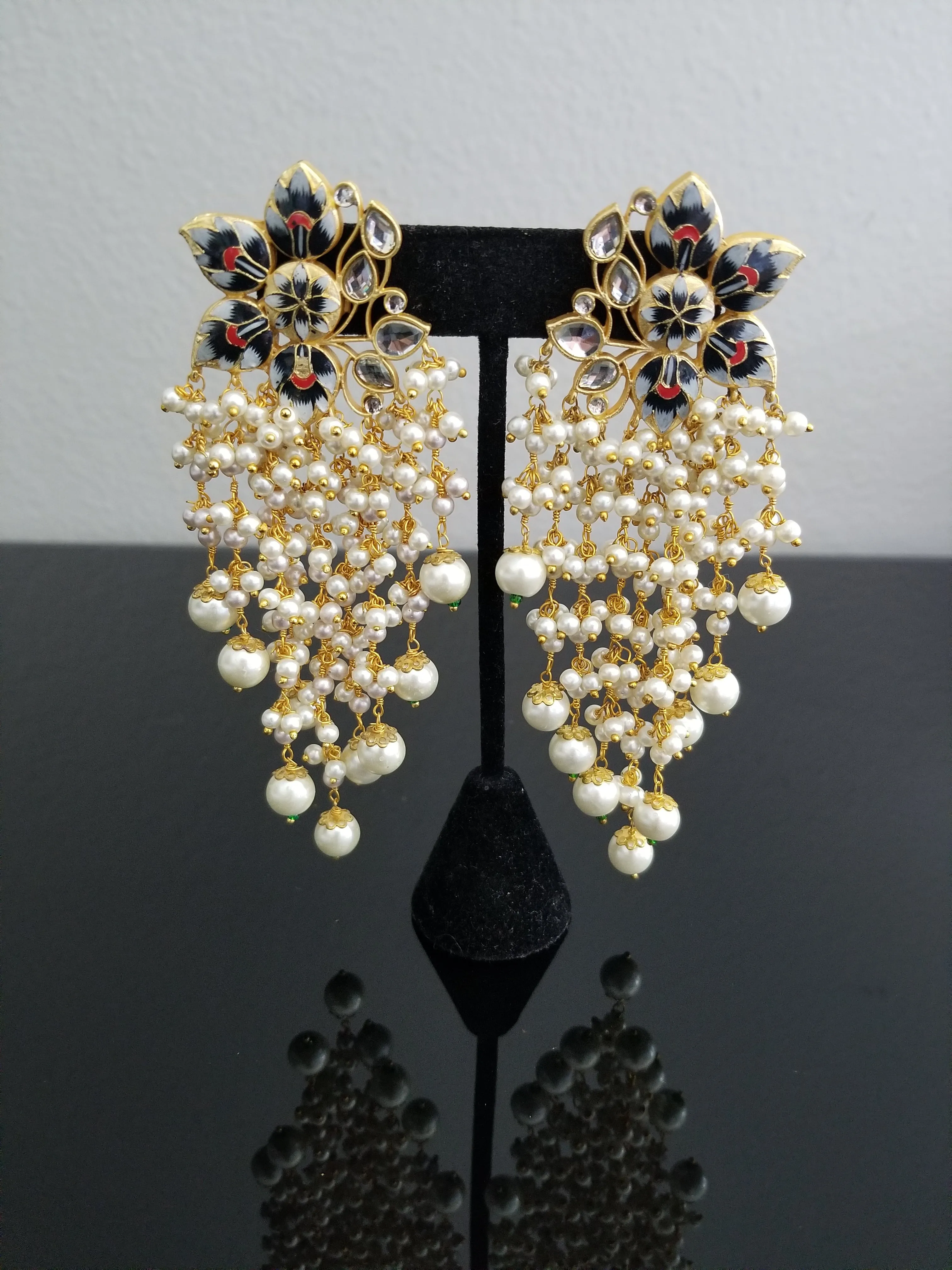 Long Meenakari Flower Earrings With Pearl Clusters